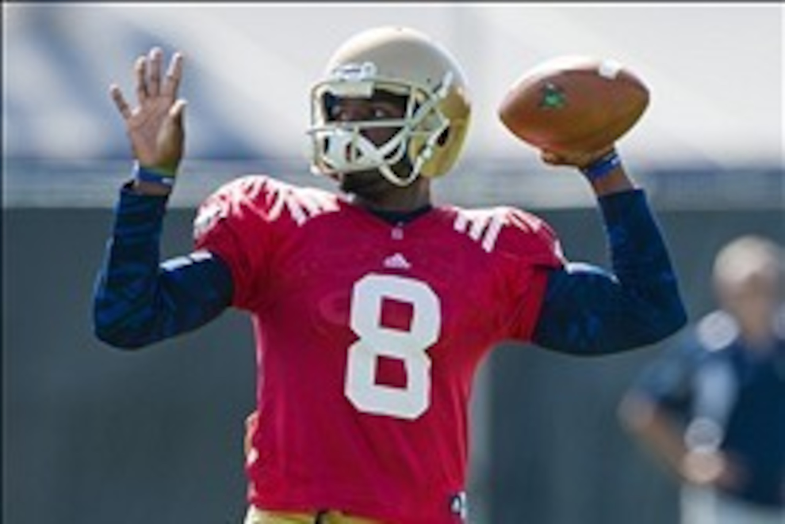 Aug 9, 2013; South Bend, IN, USA; Notre Dame Fighting Irish quarterback Malik Zaire (8) throws during practice at the LaBar Practice Complex. Mandatory Credit: Matt Cashore-USA TODAY Sports Aug 9, 2013; South Bend, IN, USA; Notre Dame Fighting Irish quarterback Malik Zaire (8) throws during practice at the LaBar Practice Complex. Mandatory Credit: Matt Cashore-USA TODAY Sports