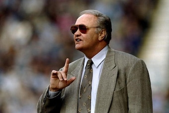 5 May 1996:  Portrait of Coventry City Manager Ron Atkinson signalling to his team during an FA Carling Premiership match against Leeds United at the Highfield Road Ground in Coventry, England.  \ Mandatory Credit: Ross  Kinnaird/Allsport