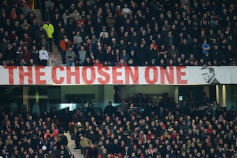 MANCHESTER, ENGLAND - JANUARY 11:  United fans display a banner honouring Manchester United Manager David Moyes during the Barclays Premier League match between Manchester United and Swansea City at Old Trafford on January 11, 2014 in Manchester, England.
