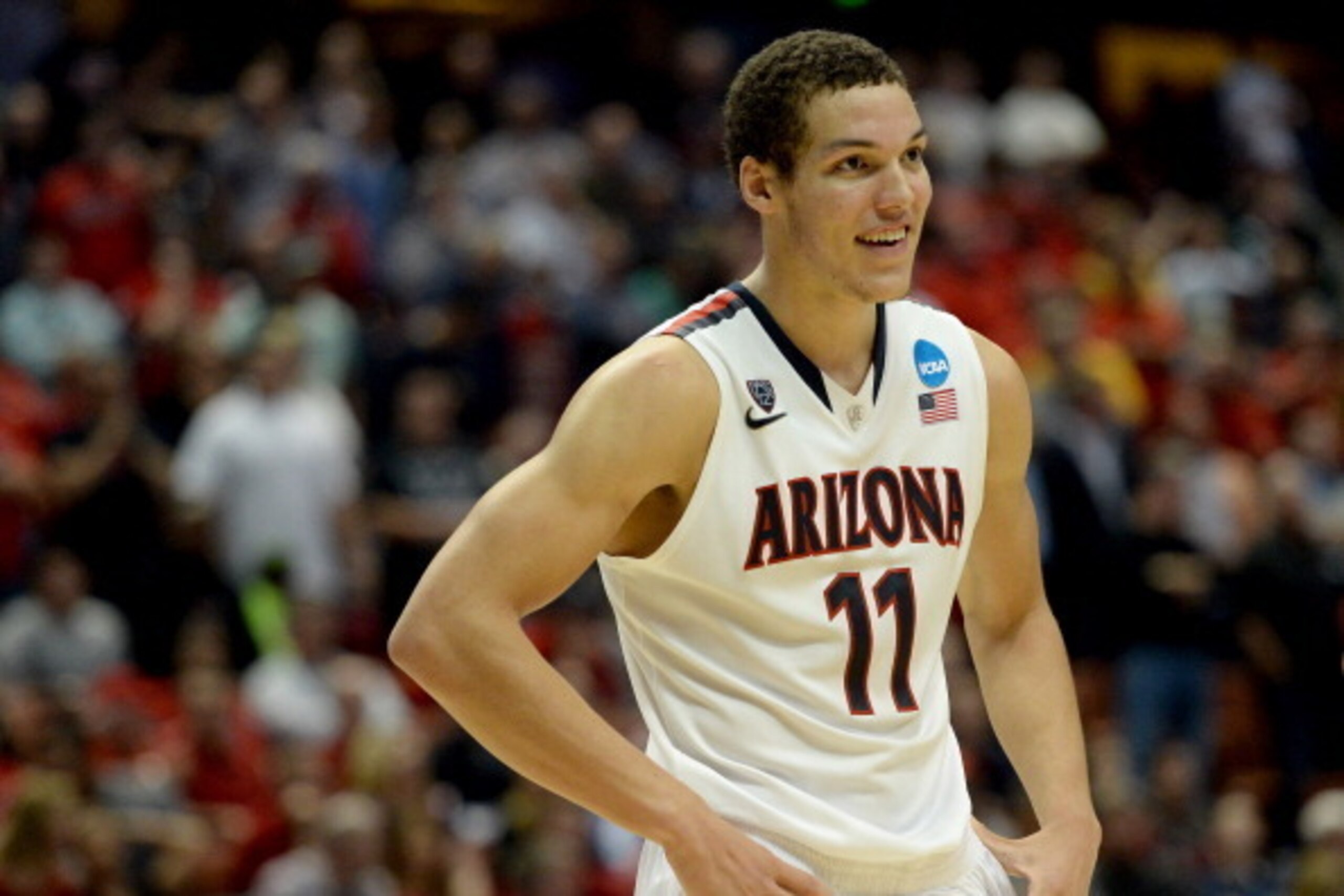 ANAHEIM, CA - MARCH 27:  Aaron Gordon #11 of the Arizona Wildcats smiles in the second half while taking on the San Diego State Aztecs during the regional semifinal of the 2014 NCAA Men's Basketball Tournament at the Honda Center on March 27, 2014 in Anah