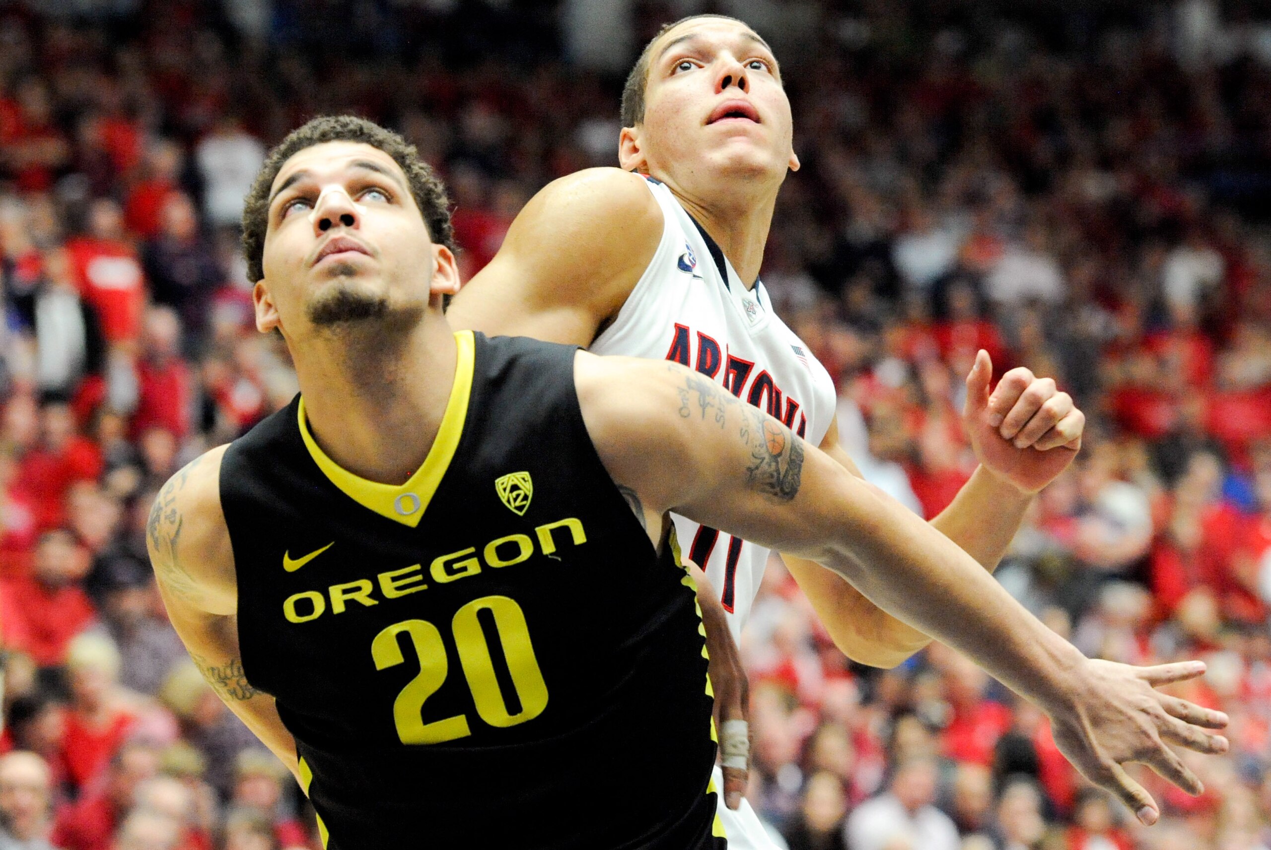 Feb 6, 2014; Tucson, AZ, USA; Oregon Ducks center Waverly Austin (20) and Arizona Wildcats forward Aaron Gordon (11) battle for positioning during the second half at McKale Center. Arizona won 67-65. Mandatory Credit: Casey Sapio-USA TODAY Sports