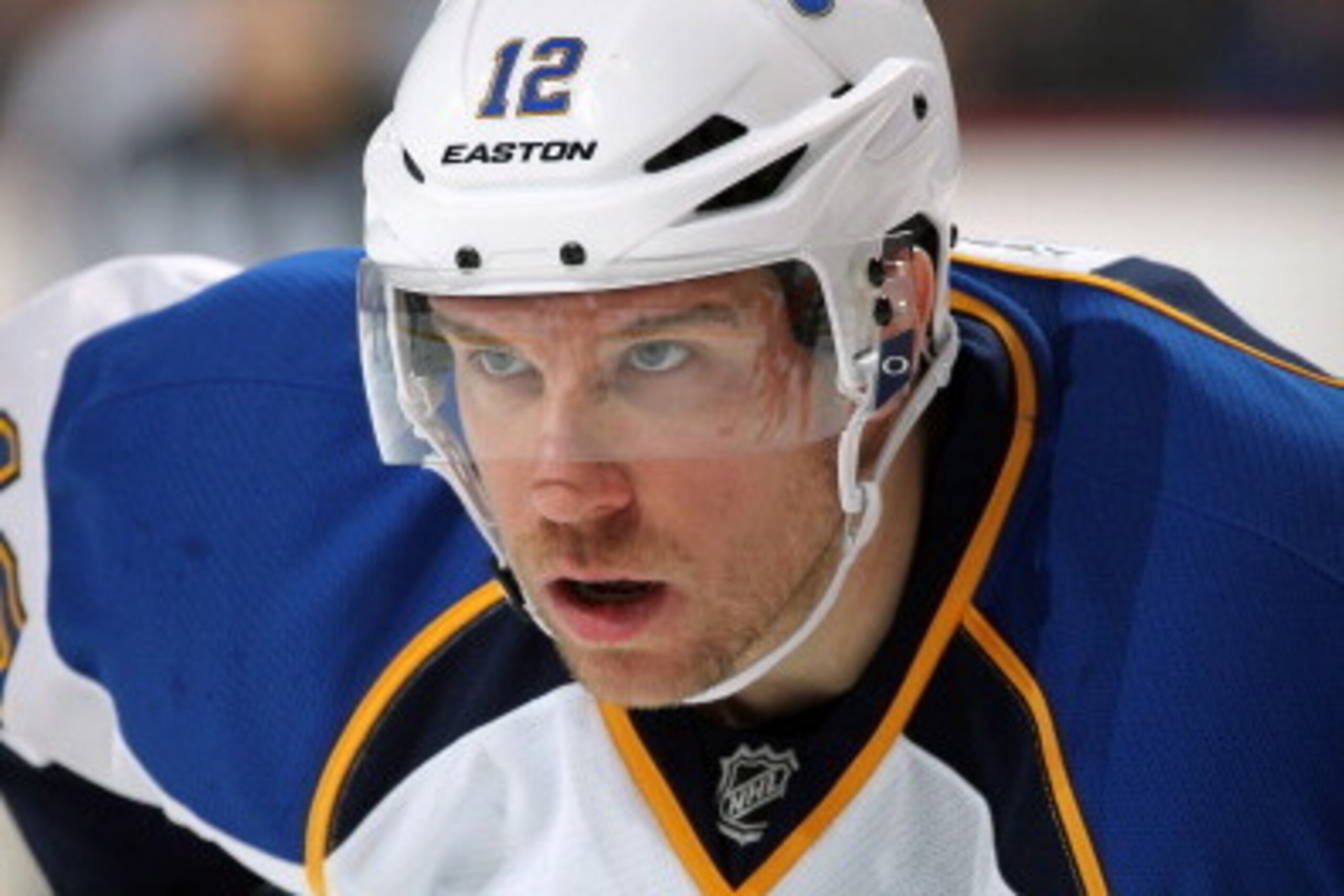 PHILADELPHIA, PA - MARCH 22:  Derek Roy #12 of the St Louis Blues looks on against the Philadelphia Flyers on March 22, 2014 at the Wells Fargo Center in Philadelphia, Pennsylvania.  (Photo by Len Redkoles/NHLI via Getty Images)