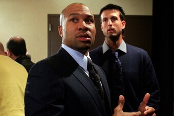 NEW YORK, NY - NOVEMBER 14:  Derek Fisher, President of the National Basketball Players Association reacts after a press conference after National Basketball Players Association  met to discuss the current CBA offer at Westin Times Square on November 14, 
