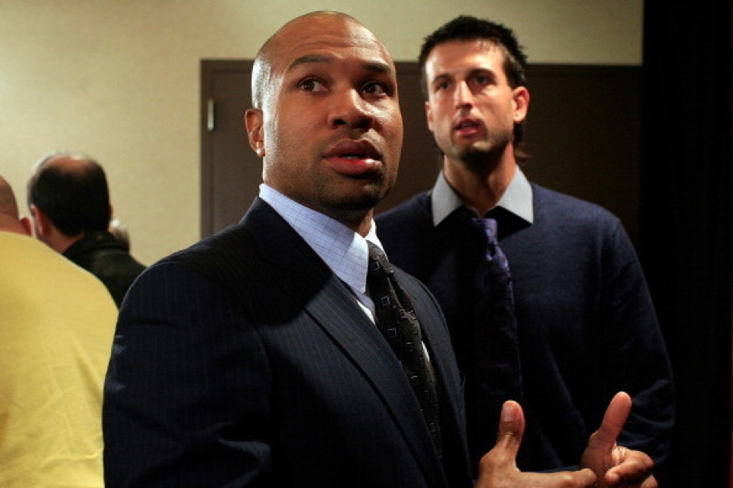 NEW YORK, NY - NOVEMBER 14:  Derek Fisher, President of the National Basketball Players Association reacts after a press conference after National Basketball Players Association  met to discuss the current CBA offer at Westin Times Square on November 14, 