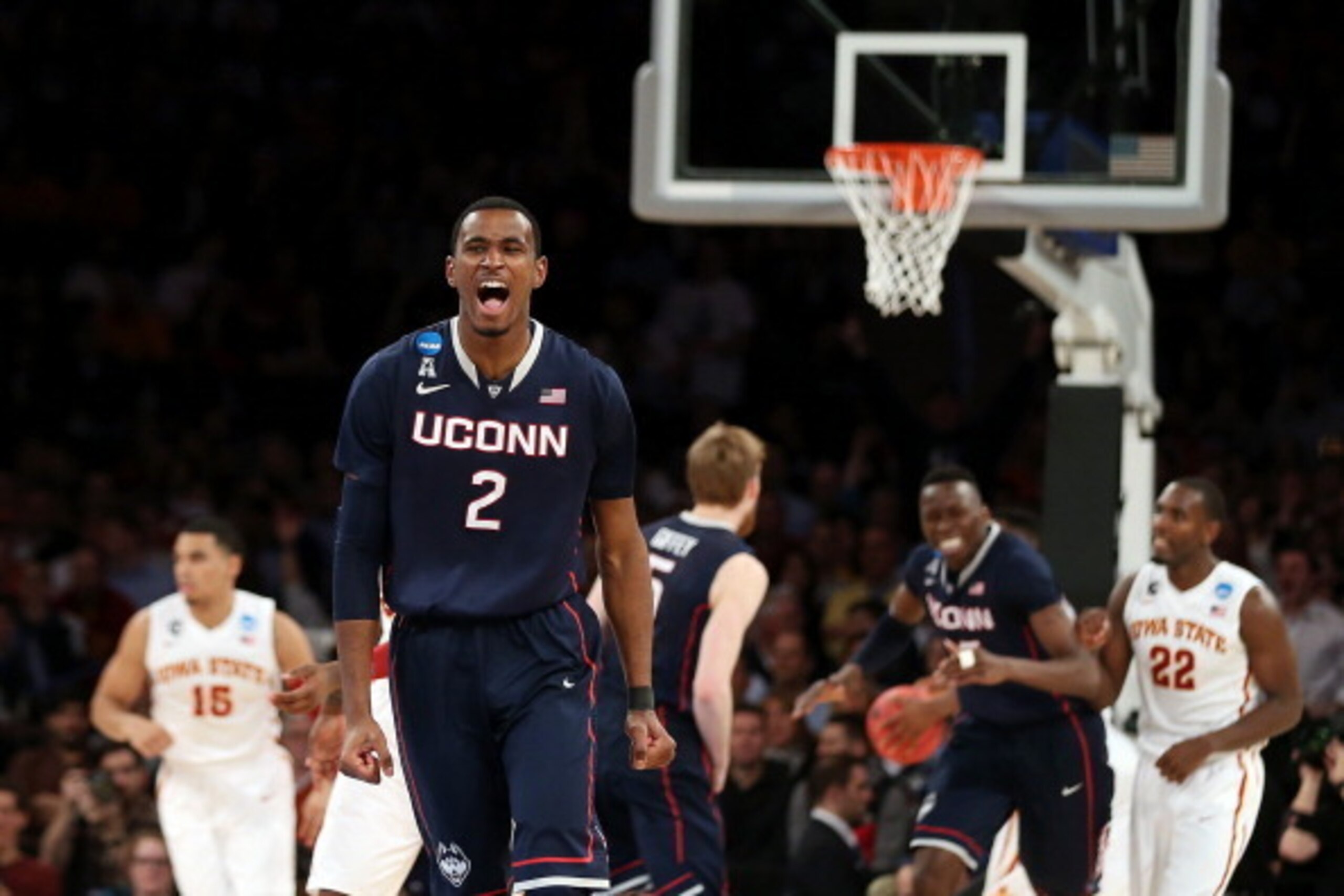 NEW YORK, NY - MARCH 28:  DeAndre Daniels #2 of the Connecticut Huskies reacts after a basket against the Iowa State Cyclones during the regional semifinal of the 2014 NCAA Men's Basketball Tournament at Madison Square Garden on March 28, 2014 in New York