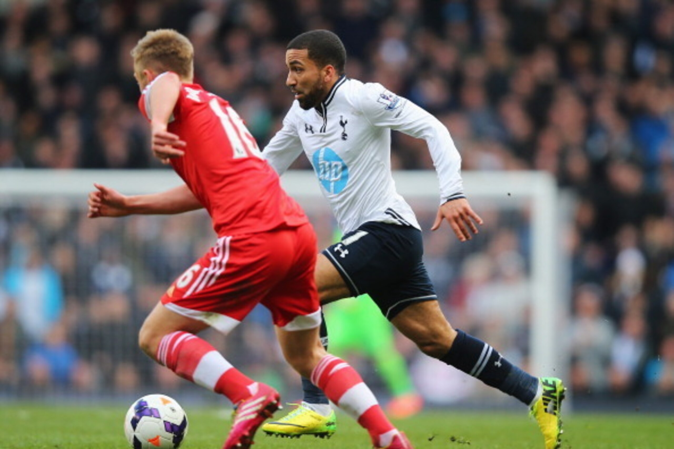 LONDON, ENGLAND - MARCH 23: Aaron Lennon of Tottenham Hotspur takes on James Ward-Prowse of Southampton during the Barclays Premier League match between Tottenham Hotspur and Southampton at White Hart Lane on March 23, 2014 in London, England.  (Photo by 