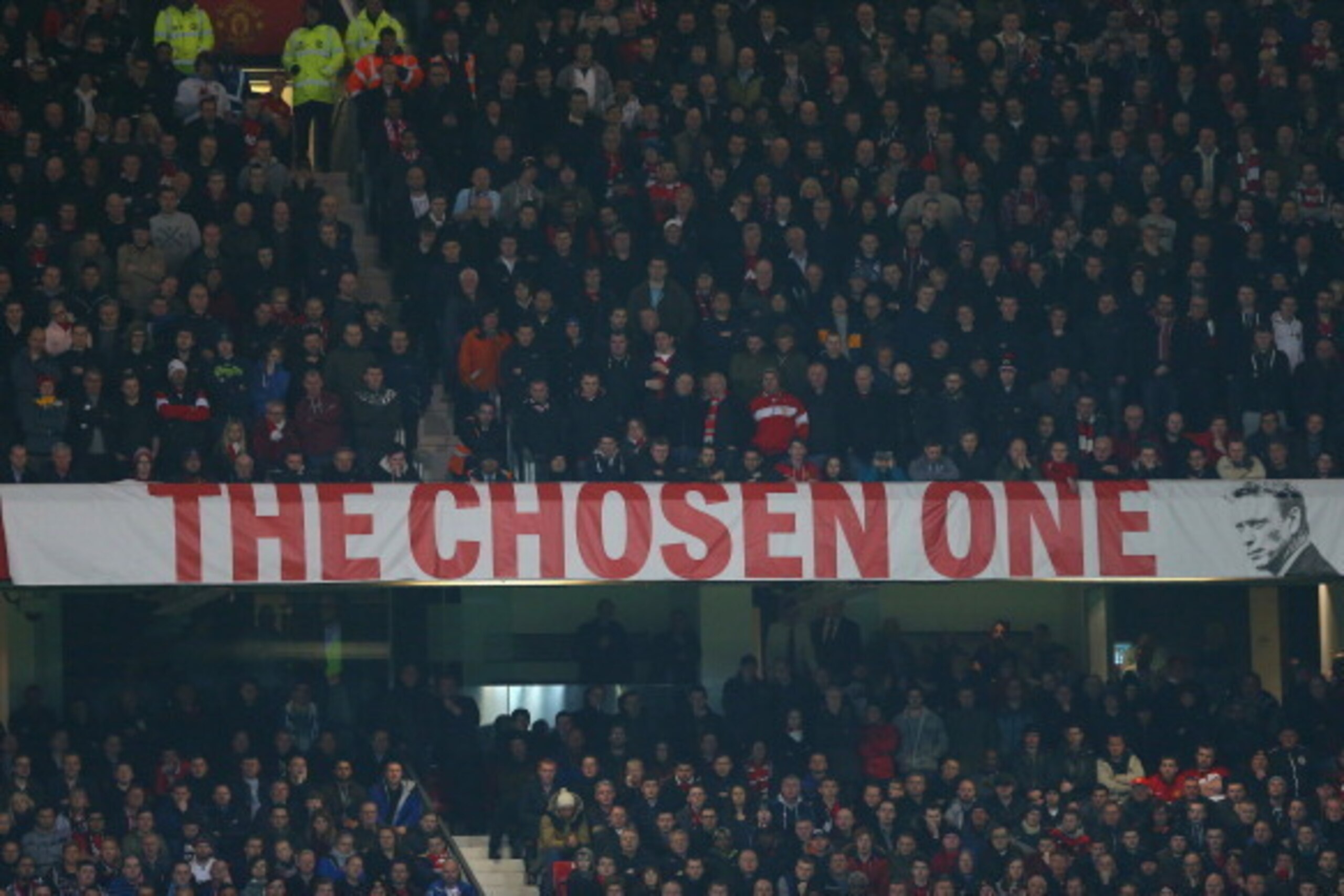 MANCHESTER, ENGLAND - MARCH 25:  Manchester United fans display a David Moyes banner during the Barclays Premier League match between Manchester United and Manchester City at Old Trafford on March 25, 2014 in Manchester, England.  (Photo by Alex Livesey/G