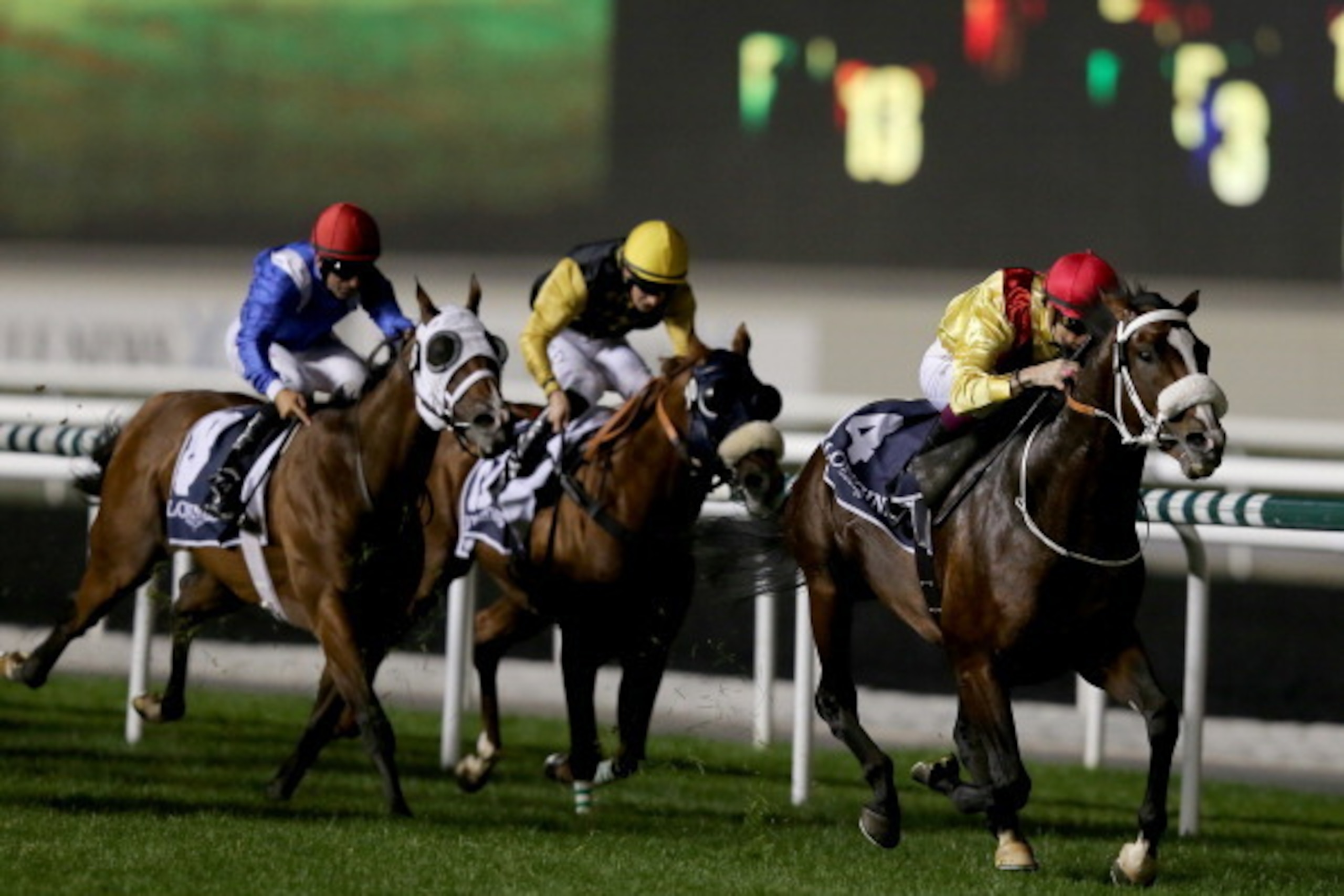 DUBAI, UNITED ARAB EMIRATES - JANUARY 09:  Christophe Soumillon riding Anaerobio (R)wins Race 7, Longines Conquest Classic during the first Longines Carnival Meeting at the Meydan Racecourse on January 9, 2014 in Dubai, United Arab Emirates.  (Photo by Fr