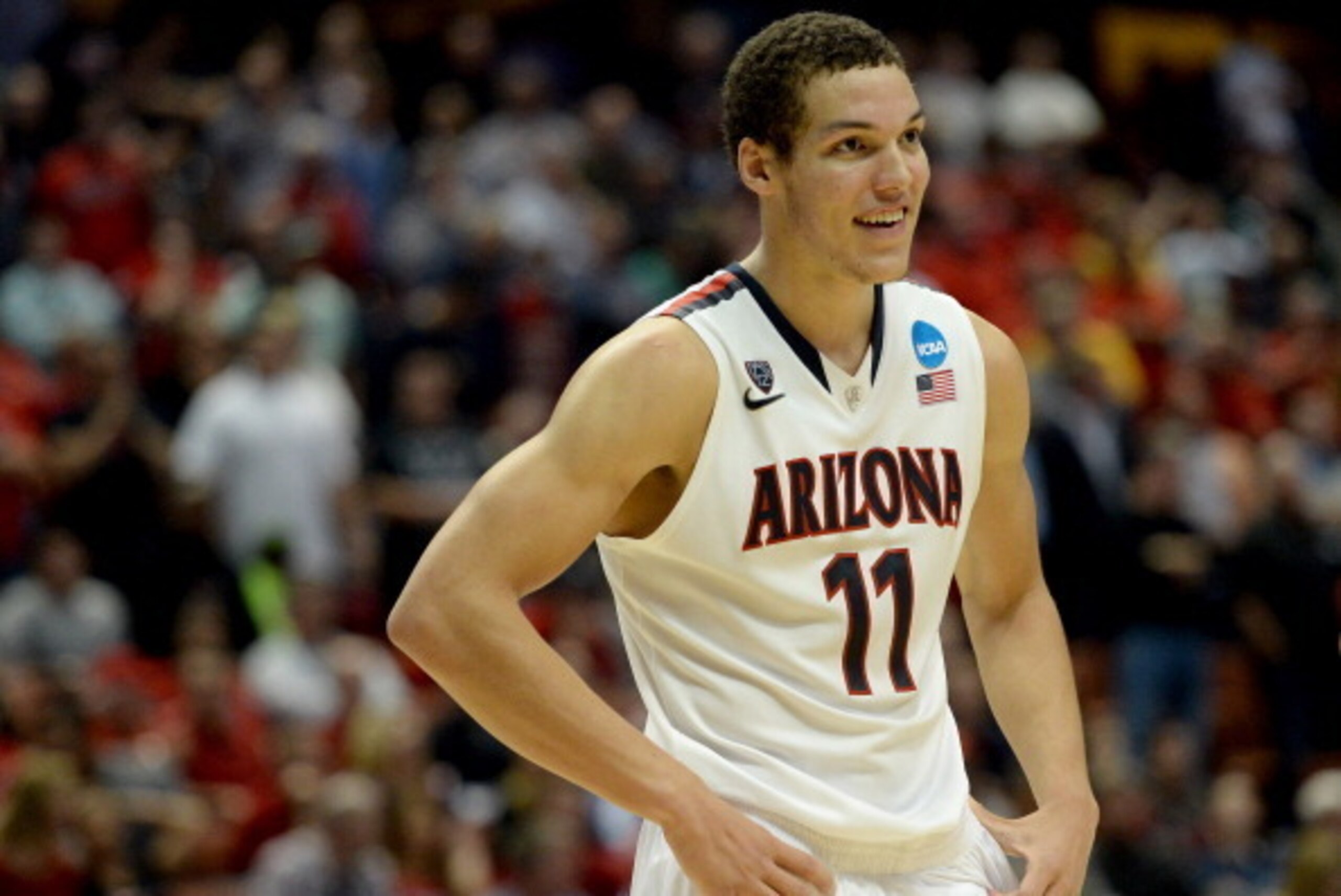 ANAHEIM, CA - MARCH 27:  Aaron Gordon #11 of the Arizona Wildcats smiles in the second half while taking on the San Diego State Aztecs during the regional semifinal of the 2014 NCAA Men's Basketball Tournament at the Honda Center on March 27, 2014 in Anah