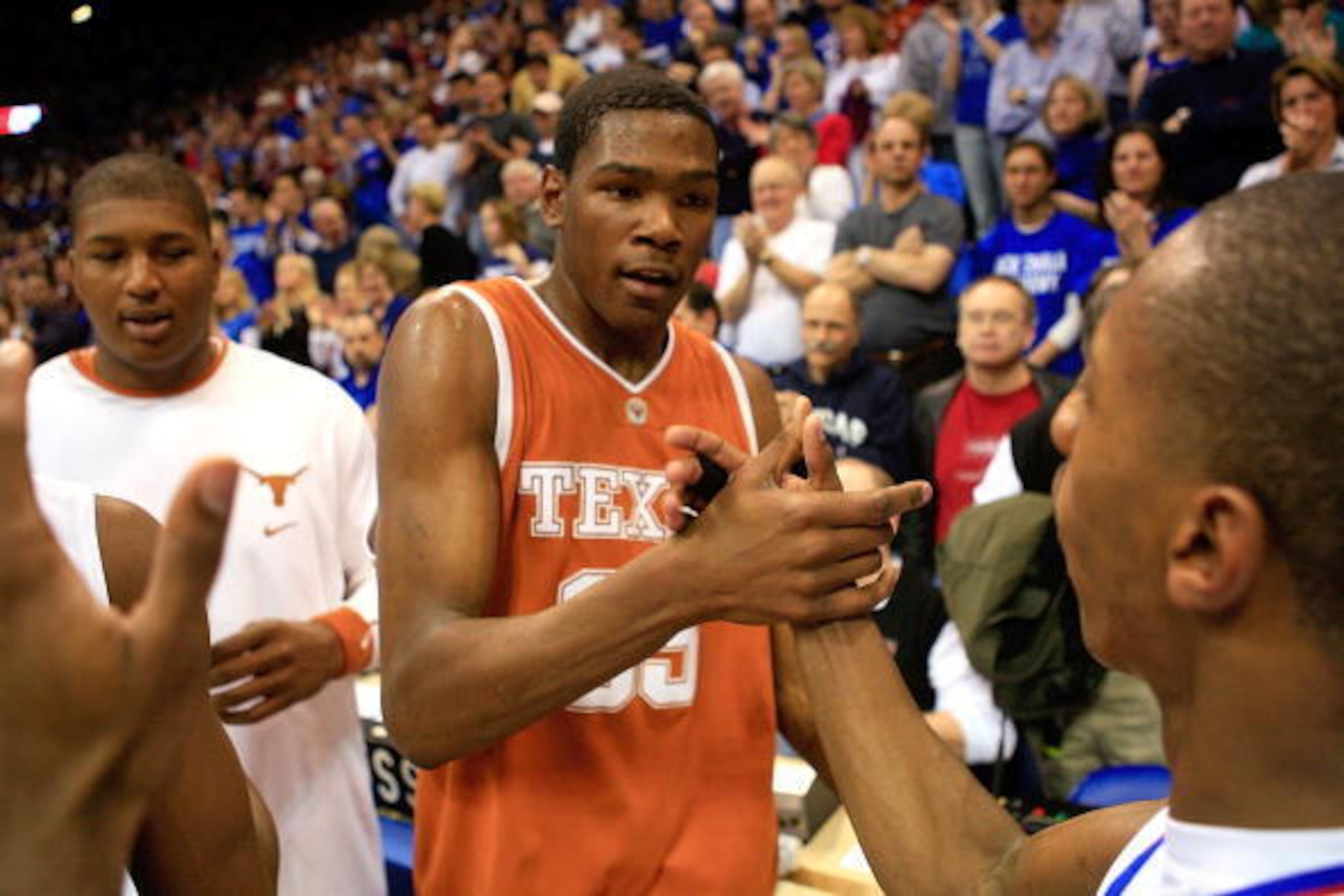 LAWRENCE, KS - MARCH 03:  Kevin Durant #35 of the Texas Longhorns congratulates the Kansas Jayhawks after the Jayhawks defeated the Texas Longhorns to win the Big XII conference on March 3, 2007 at Allen Fieldhouse in Lawrence, Kansas. The Jayhawks defeat
