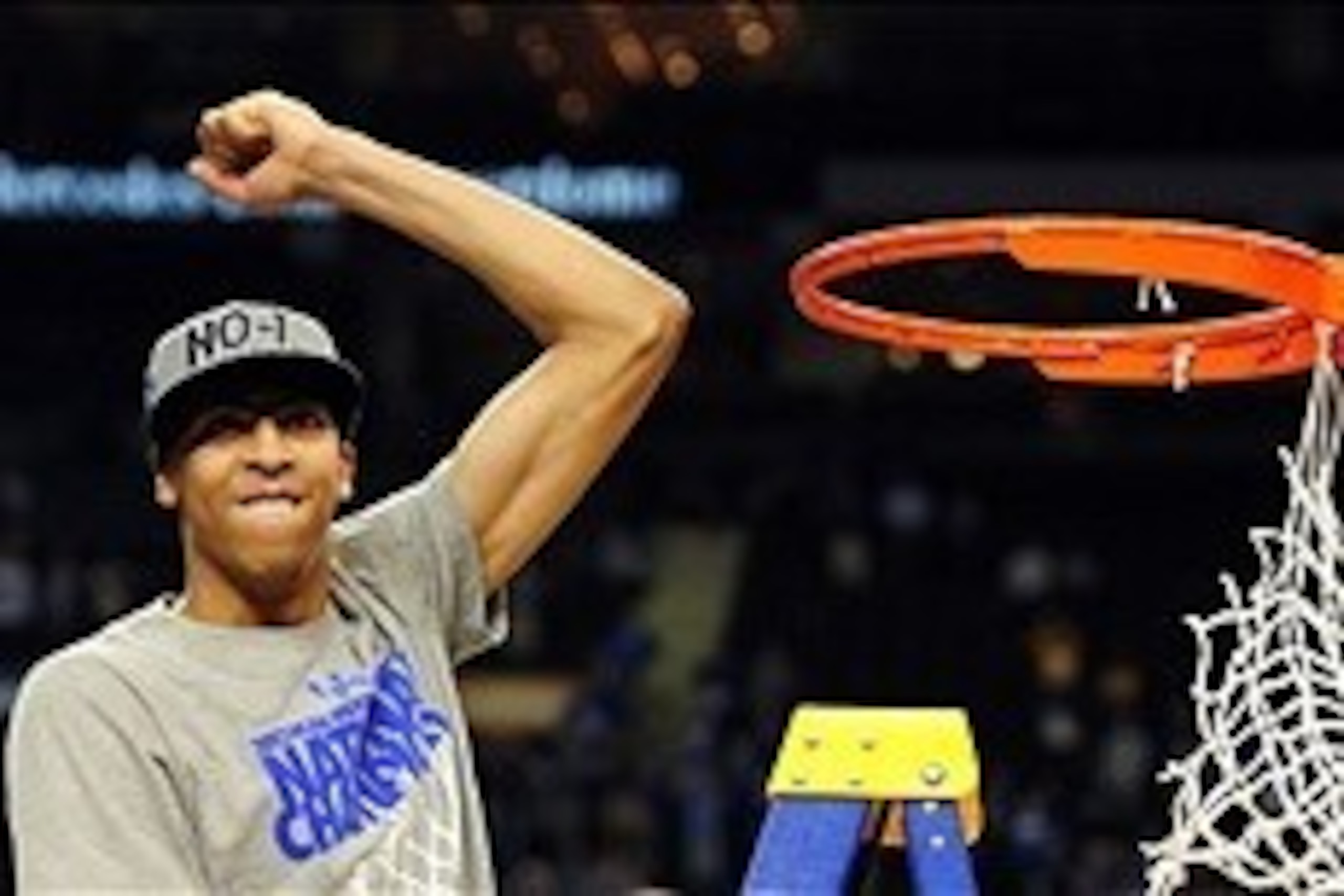 Apr 2, 2012; New Orleans, LA, USA; Kentucky Wildcats forward Anthony Davis waves to the crowd after cutting down a piece of the net after the finals of the 2012 NCAA men's basketball Final Four against the Kansas Jayhawks at the Mercedes-Benz Superdome. K