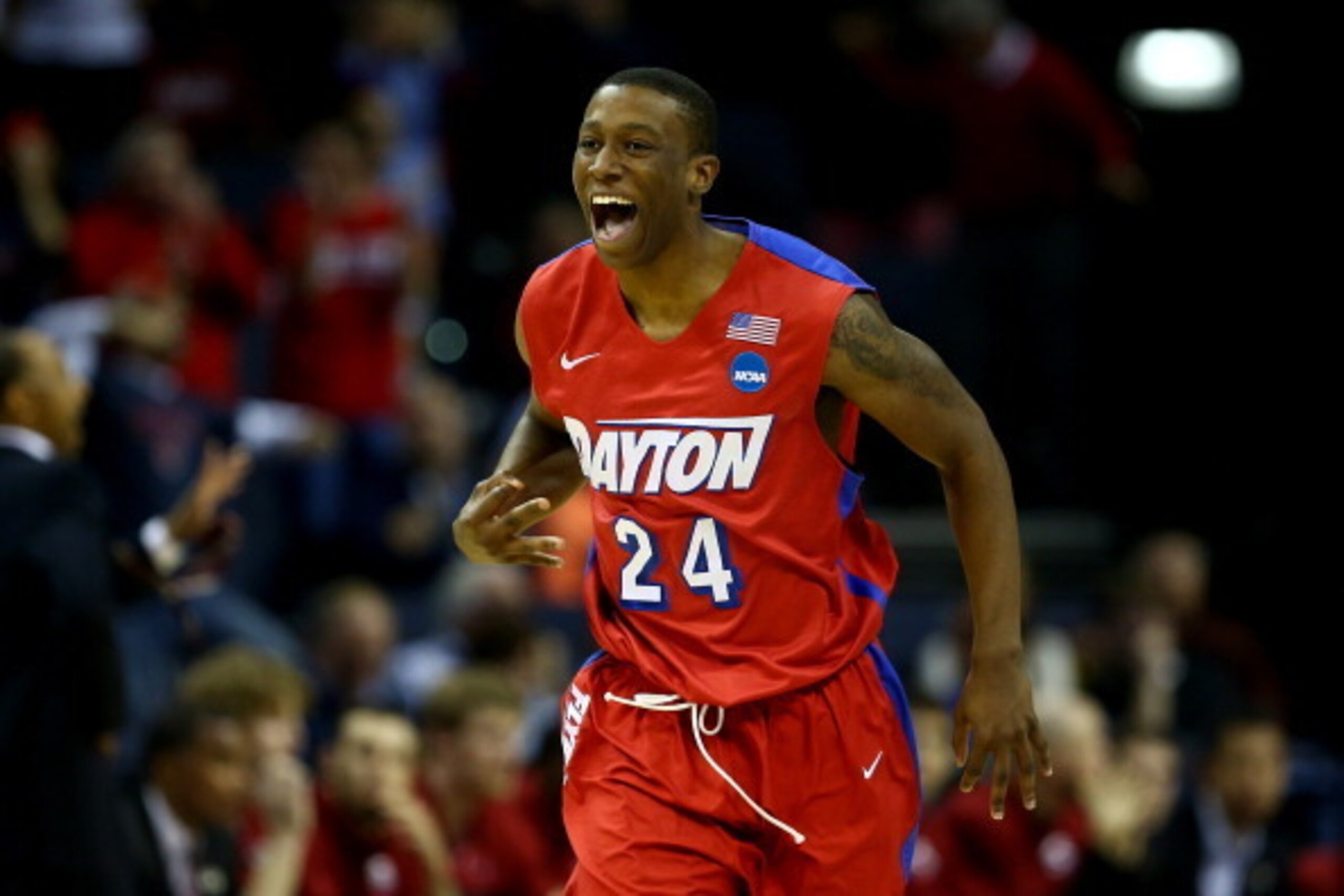 MEMPHIS, TN - MARCH 27:  Jordan Sibert #24 of the Dayton Flyers reacts against the Stanford Cardinal during a regional semifinal of the 2014 NCAA Men's Basketball Tournament at the FedExForum on March 27, 2014 in Memphis, Tennessee.  (Photo by Streeter Le
