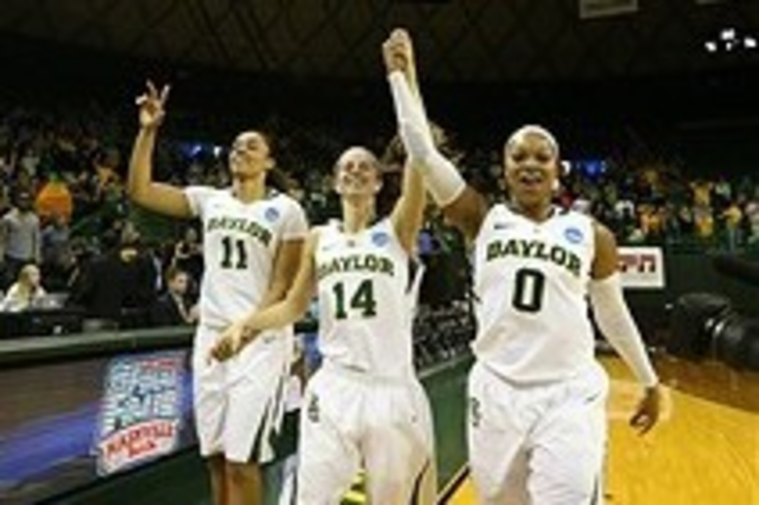 Mar 24, 2014; Waco, TX, USA; Baylor Bears forward Mariah Chandler (11) guard Makenzie Robertson (14) and guard Odyssey Sims (0) celebrates with a victory lap after the game against the California Golden Bears of a women's college basketball game in the se