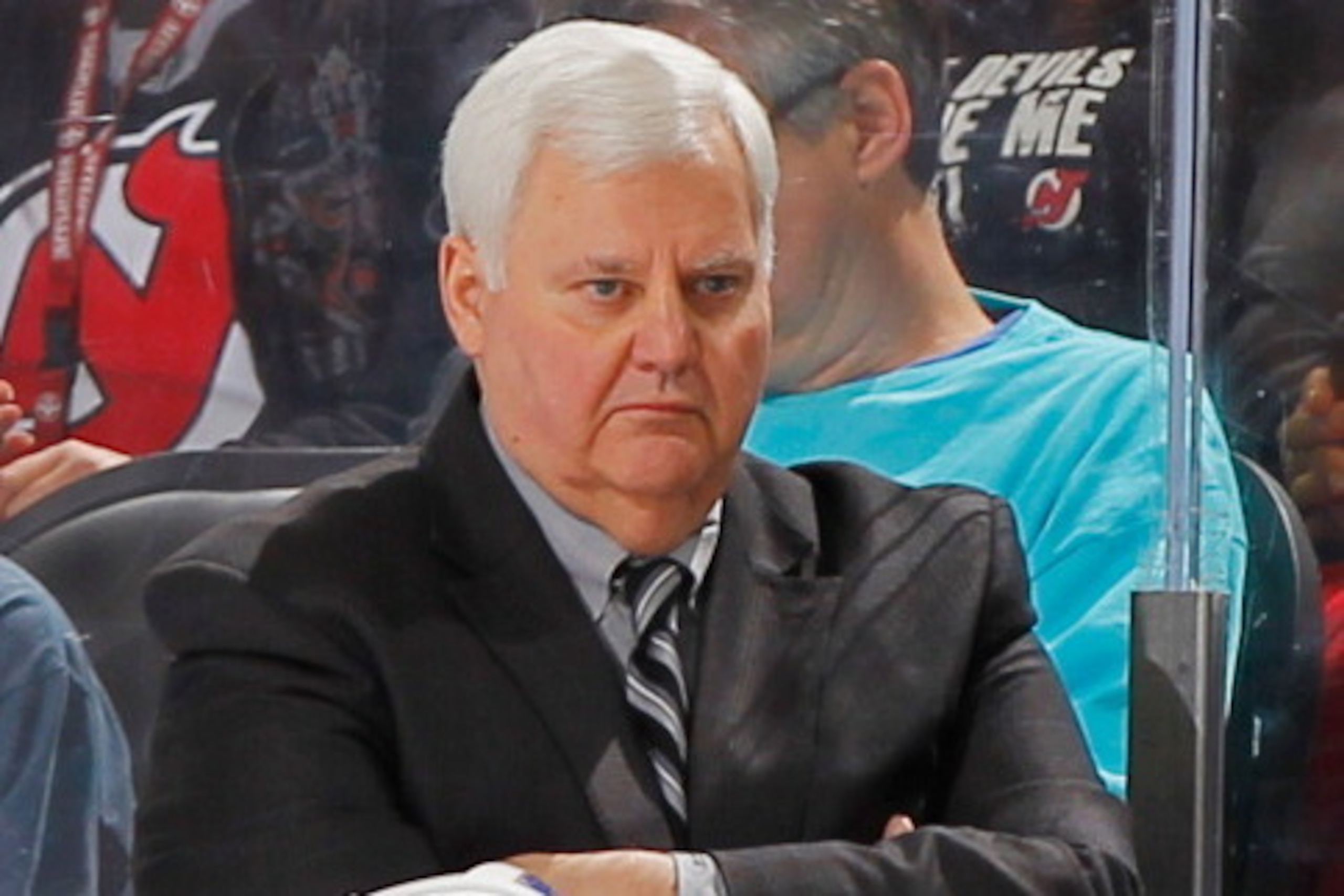 NEWARK, NJ - JANUARY 21: Head coach Ken Hitchcock of the St. Louis Blues looks on against the New Jersey Devils during the game at the Prudential Center on January 21, 2014 in Newark, New Jersey.  (Photo by Andy Marlin/NHLI via Getty Images)