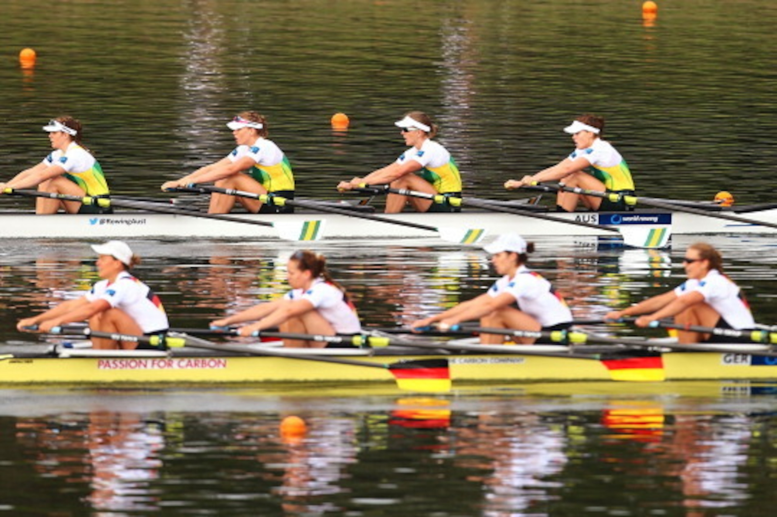 SYDNEY, AUSTRALIA - MARCH 30: The Australian and Gemran crews compete in the Womens Quadruple Sculls race during the Rowing World Cup at the Sydney International Rowing Centre on March 30, 2014 in Sydney, Australia. (Photo by Mark Nolan/Getty Images) SYDNEY, AUSTRALIA - MARCH 30: The Australian and Gemran crews compete in the Womens Quadruple Sculls race during the Rowing World Cup at the Sydney International Rowing Centre on March 30, 2014 in Sydney, Australia. (Photo by Mark Nolan/Getty Images)