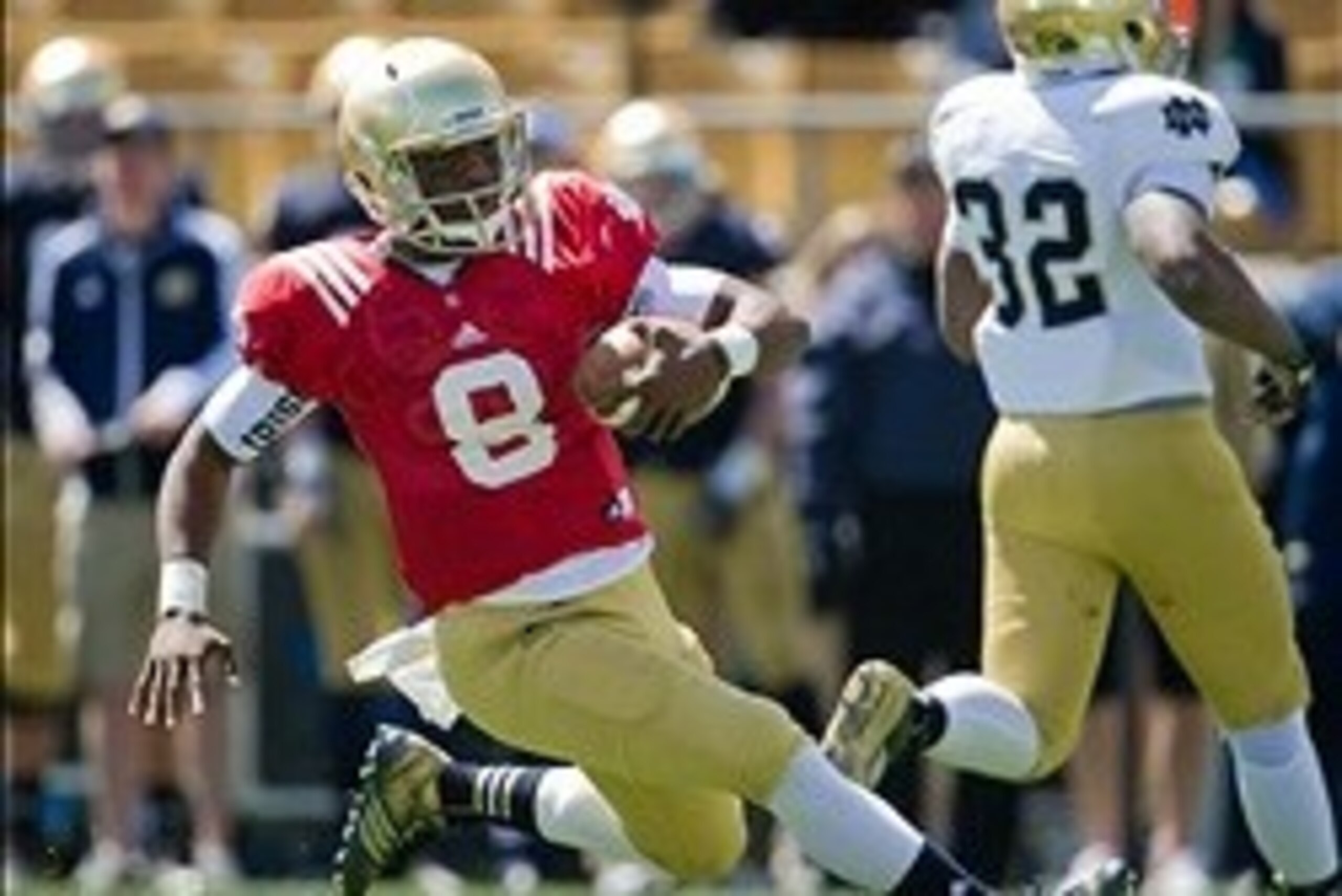 Apr 20, 2013; Notre Dame, IN, USA; Notre Dame Fighting Irish quarterback Malik Zaire (8) slides in the third quarter of the Blue-Gold Game at Notre Dame Stadium. Mandatory Credit: Matt Cashore-USA TODAY Sports