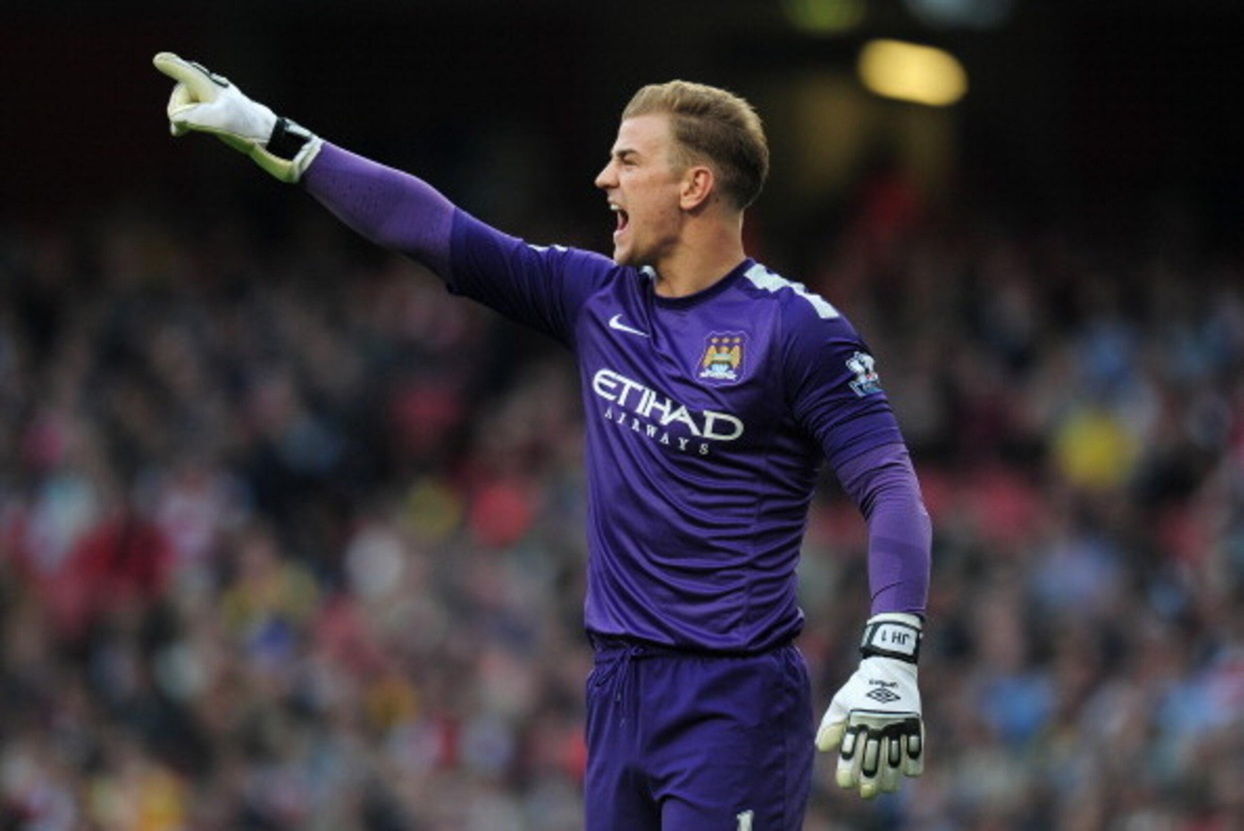 LONDON, ENGLAND - MARCH 29:  Joe Hart of Manchester City points during the Barclays Premier League match between Arsenal and Manchester City at Emirates Stadium on March 29, 2014 in London, England.  (Photo by Shaun Botterill/Getty Images)