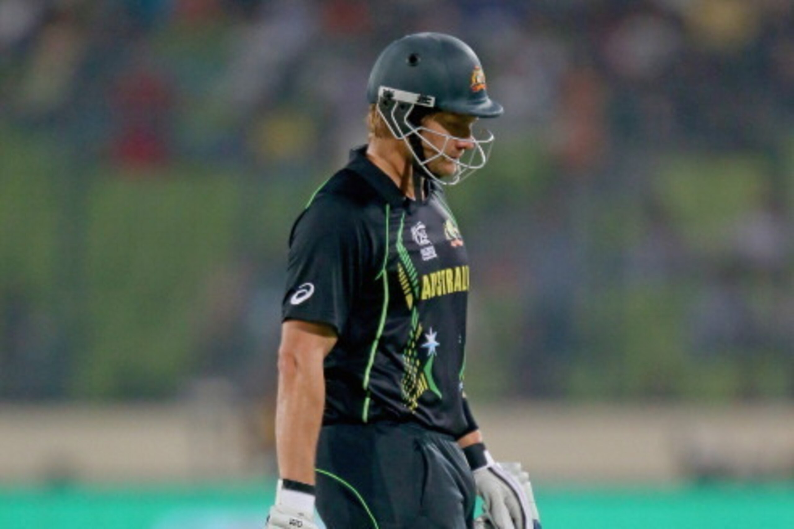 DHAKA, BANGLADESH - MARCH 30: Shane Watson of Australia leaves the field after being bowled out during the ICC World Twenty20 Bangladesh 2014 match between India v Australia at Sher-e-Bangla Mirpur Stadium on March 30, 2014 in Dhaka, Bangladesh. (Photo DHAKA, BANGLADESH - MARCH 30: Shane Watson of Australia leaves the field after being bowled out during the ICC World Twenty20 Bangladesh 2014 match between India v Australia at Sher-e-Bangla Mirpur Stadium on March 30, 2014 in Dhaka, Bangladesh. (Photo