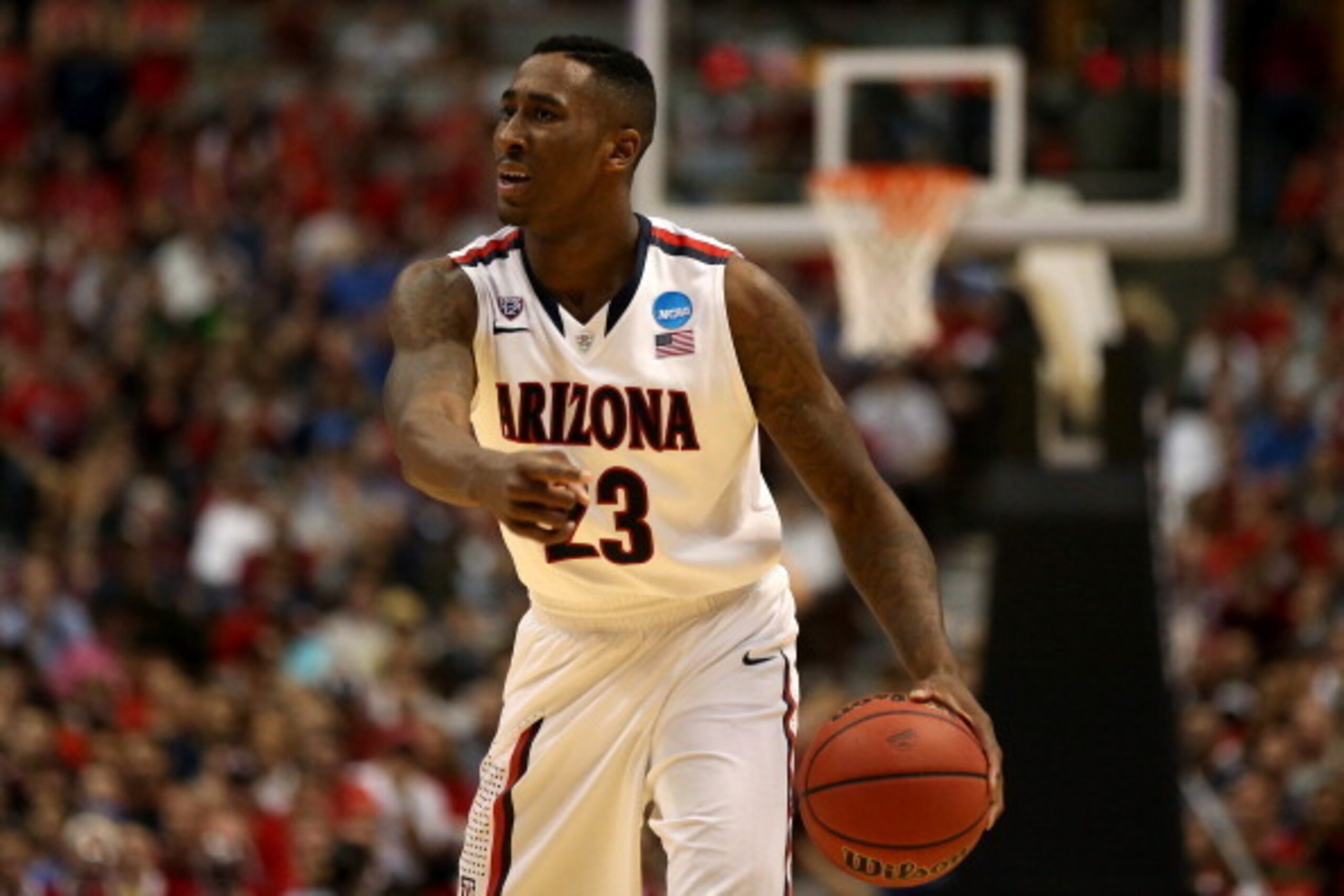 ANAHEIM, CA - MARCH 29:  Rondae Hollis-Jefferson #23 of the Arizona Wildcats with the ball in the second half against the Wisconsin Badgers during the West Regional Final of the 2014 NCAA Men's Basketball Tournament at the Honda Center on March 29, 2014 i