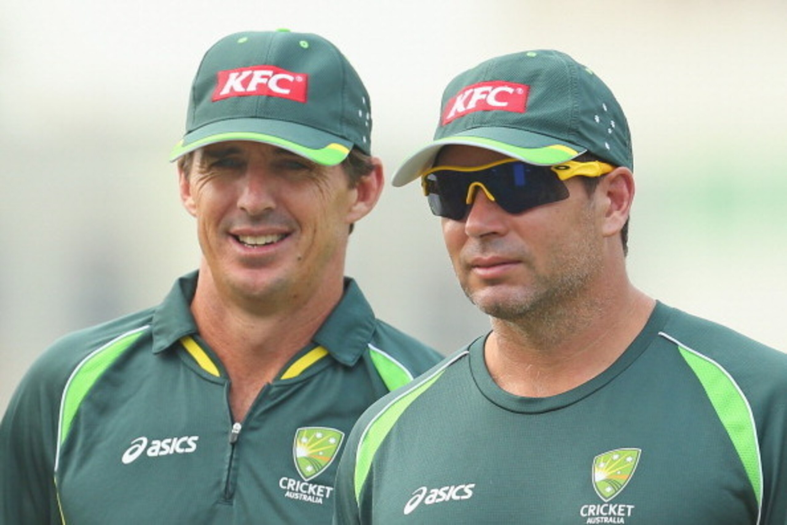 NARAYANGANJ, BANGLADESH - MARCH 26: Brad Hogg and Brad Hodge of Australia look on during an Australian ICC World Twenty20 Bangladesh 2014 training session at Khan Saheb Osman Ali Stadium on March 26, 2014 in Narayanganj, Bangladesh. (Photo by Scott Barb NARAYANGANJ, BANGLADESH - MARCH 26: Brad Hogg and Brad Hodge of Australia look on during an Australian ICC World Twenty20 Bangladesh 2014 training session at Khan Saheb Osman Ali Stadium on March 26, 2014 in Narayanganj, Bangladesh. (Photo by Scott Barb