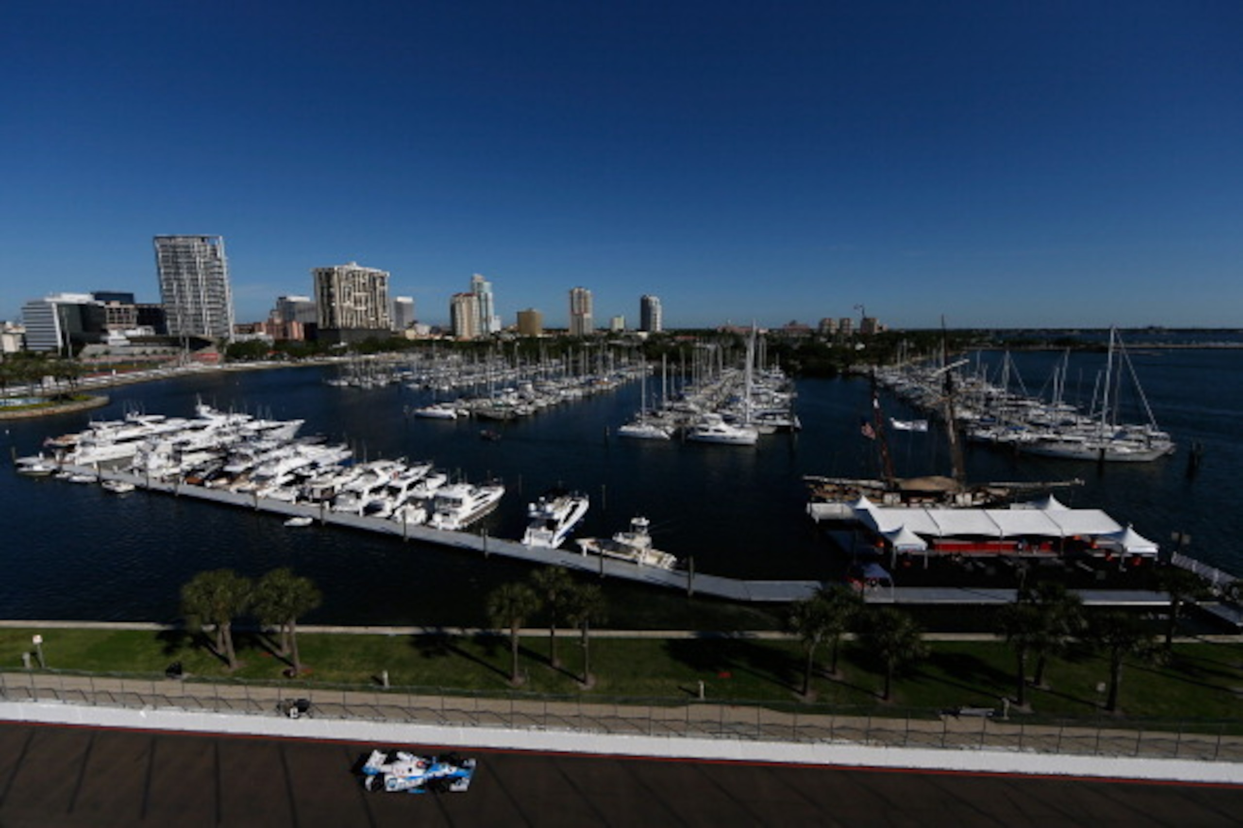 ST PETERSBURG, FL - MARCH 30: James Hinchcliffe of Canada driver of the #27 United Fiber & Data Honda drives during a warm-up session for the Verizon IndyCar Series Firestone Grand Prix of St. Petersburg at the Streets of St. Petersburg on March 30, 2014 