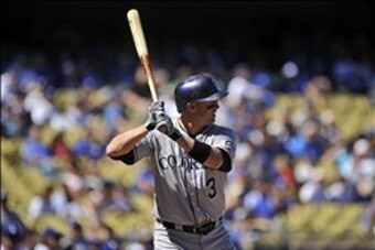September 29, 2013; Los Angeles, CA, USA; Colorado Rockies right fielder Michael Cuddyer (3) at bat during the first inning against the Los Angeles Dodgers at Dodger Stadium. Mandatory Credit: Gary A. Vasquez-USA TODAY Sports