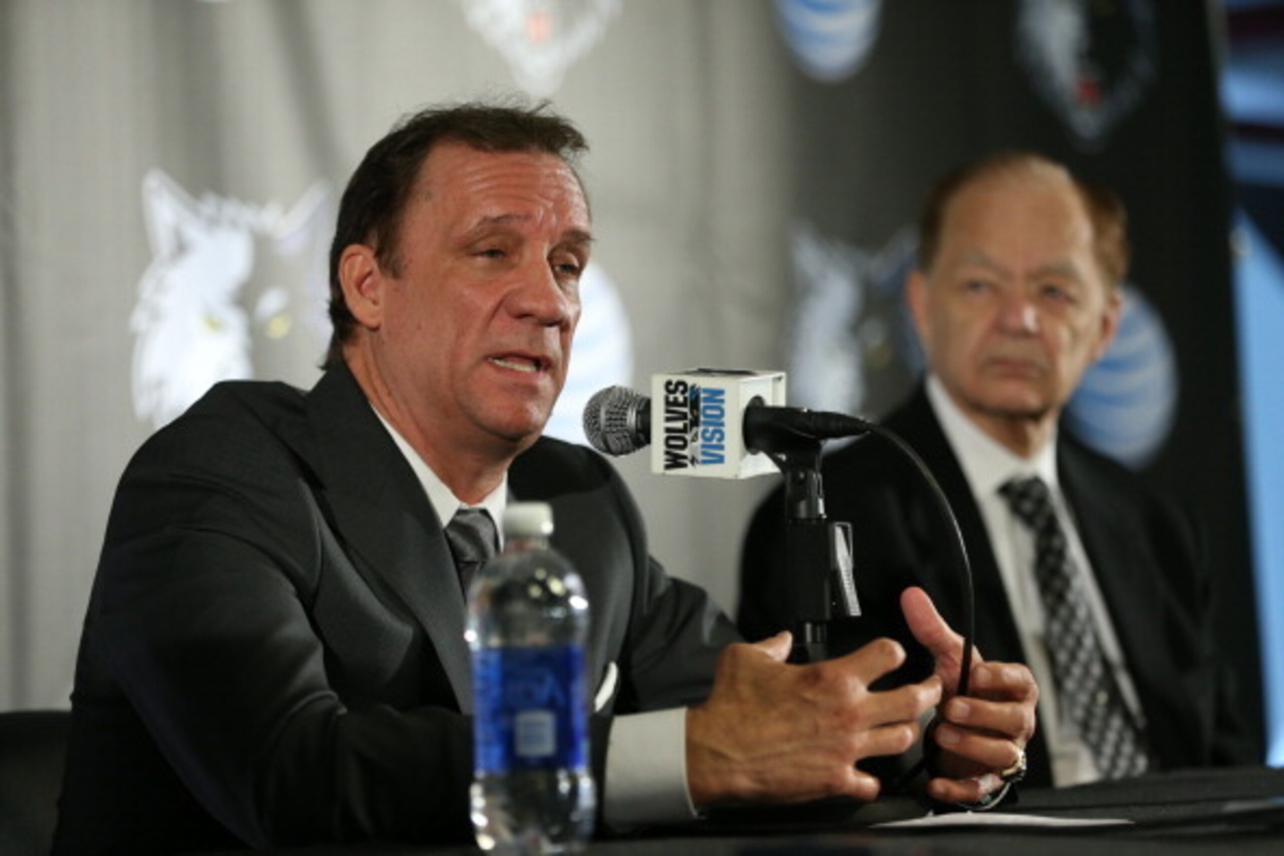 MINNEAPOLIS, MN - MAY 3:  Phil 'Flip' Saunders, new President of Basketball Operations of the Minnesota Timberwolves is introduced to the media by team owner Glen Taylor on May 3, 2013 at Target Center in Minneapolis, Minnesota.  NOTE TO USER: User expres