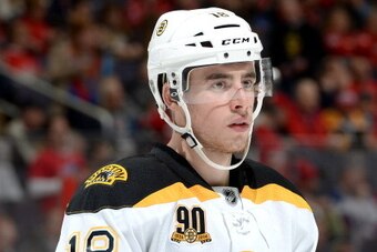 WASHINGTON, DC - MARCH 29: Reilly Smith #18 of the Boston Bruins looks on against the Washington Capitals during an NHL game at Verizon Center on March 29, 2014 in Washington, DC. The Boston Bruins won, 4-2. (Photo by Patrick Smith/NHLI via Getty Images)