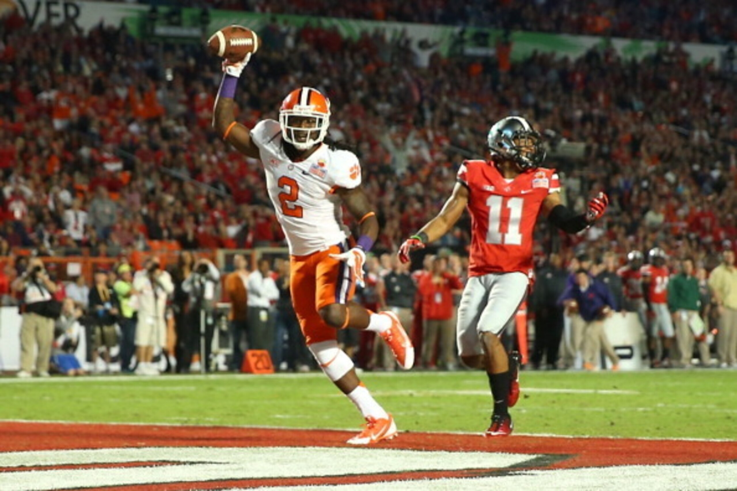 MIAMI GARDENS, FL - JANUARY 03: Sammy Watkins #2 of the Clemson Tigers celebrates after scoring a touchdown in the first quarter against Vonn Bell #11 Ohio State Buckeyes during the Discover Orange Bowl at Sun Life Stadium on January 3, 2014 in Miami Gar MIAMI GARDENS, FL - JANUARY 03: Sammy Watkins #2 of the Clemson Tigers celebrates after scoring a touchdown in the first quarter against Vonn Bell #11 Ohio State Buckeyes during the Discover Orange Bowl at Sun Life Stadium on January 3, 2014 in Miami Gar