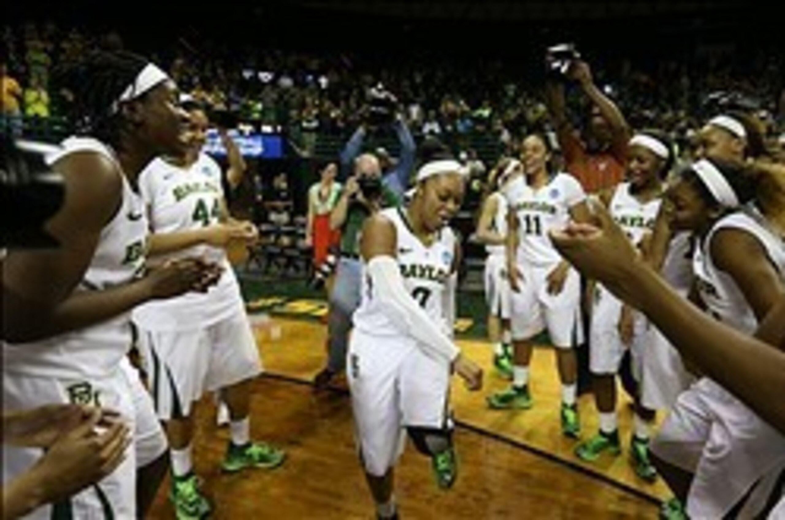 Mar 24, 2014; Waco, TX, USA; Baylor Bears guard Odyssey Sims (0) celebrates while dancing with her team after the game against the California Golden Bears of a women's college basketball game in the second round of the NCAA Tournament at the Ferrell Cente