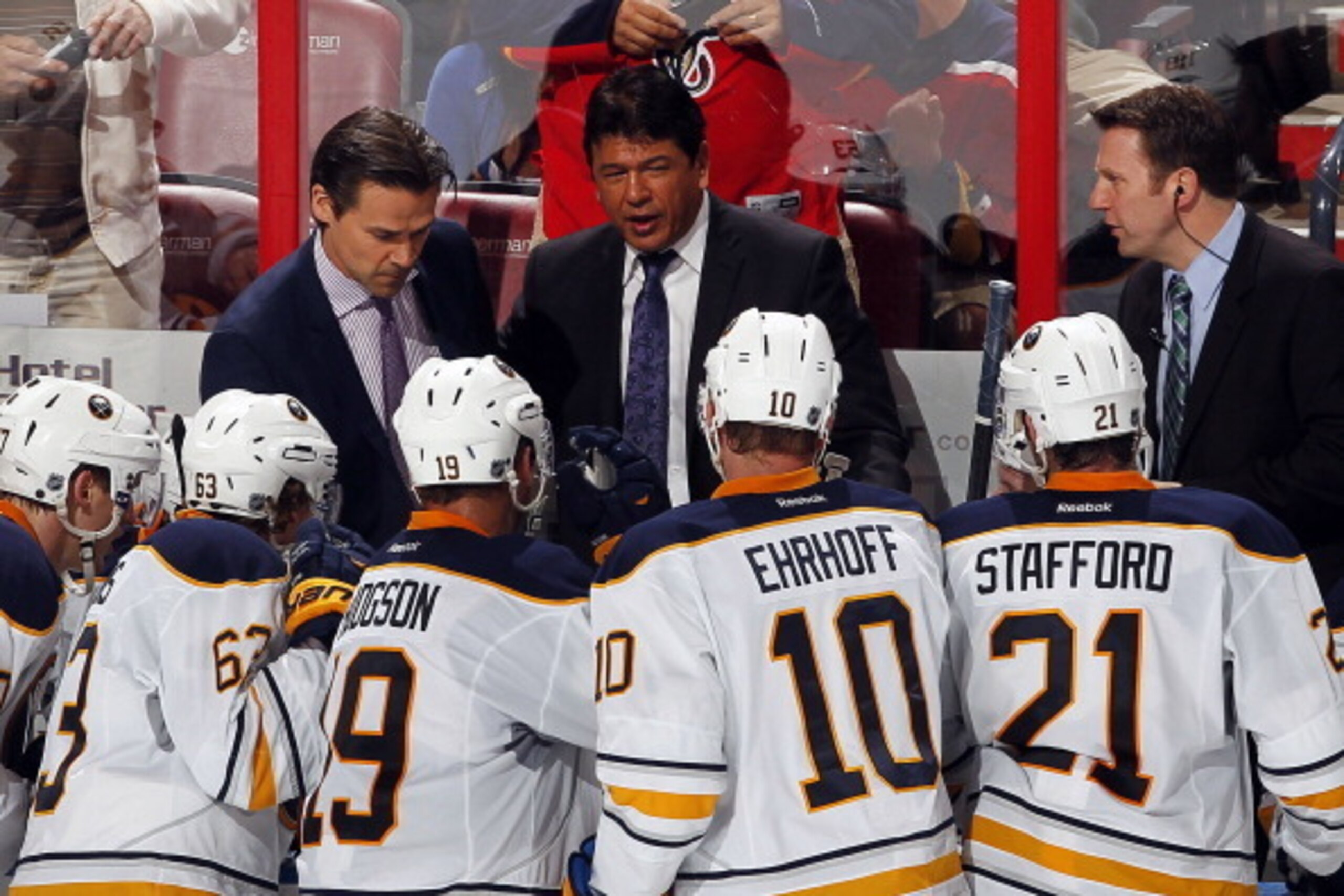 SUNRISE, FL - MARCH 7:  Interim Head Coach Ted Nolan of the Buffalo Sabres directs his team from the bench against the Florida Panthers at the BB&T Center on March 7, 2014 in Sunrise, Florida. (Photo by Eliot J. Schechter/NHLI via Getty Images)
