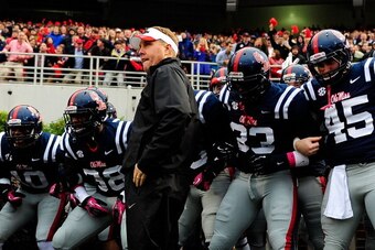 OXFORD, MS - OCTOBER 06:  Head coach Hugh Freeze of the Ole Miss Rebels prepares to bring his team onto the field for a game against the Texas A&M Aggies  at Vaught-Hemingway Stadium on October 6, 2012 in Oxford, Mississippi.  (Photo by Stacy Revere/Getty