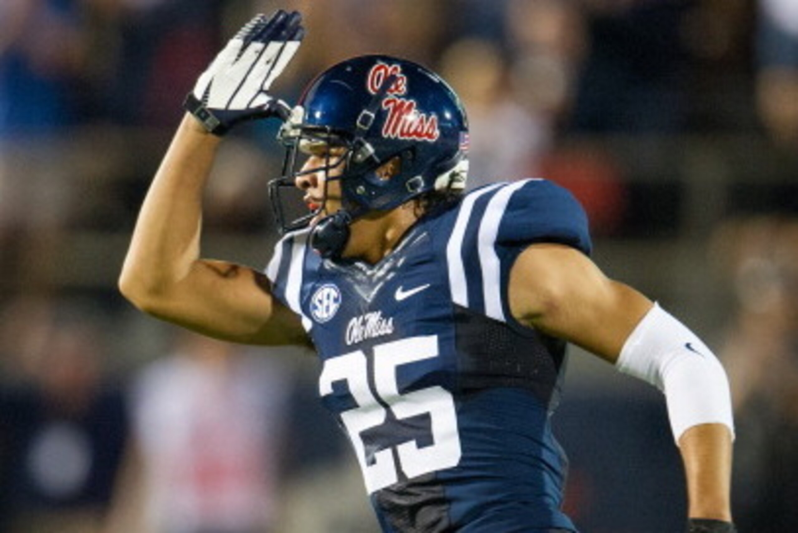 OXFORD, MS - OCTOBER 12:  Defensive back Cody Prewitt #25 of the Ole Miss Rebels celebrates after scoring a touchdown during a game against the Texas A&M Aggies on October 12, 2013 at Vaught-Hemingway Stadium in Oxford, Mississippi. At halftime Texas A&M 