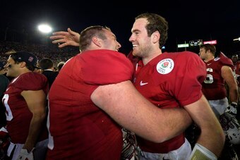 Conor McFadden celebrates with teammates following the 2013 Rose Bowl.