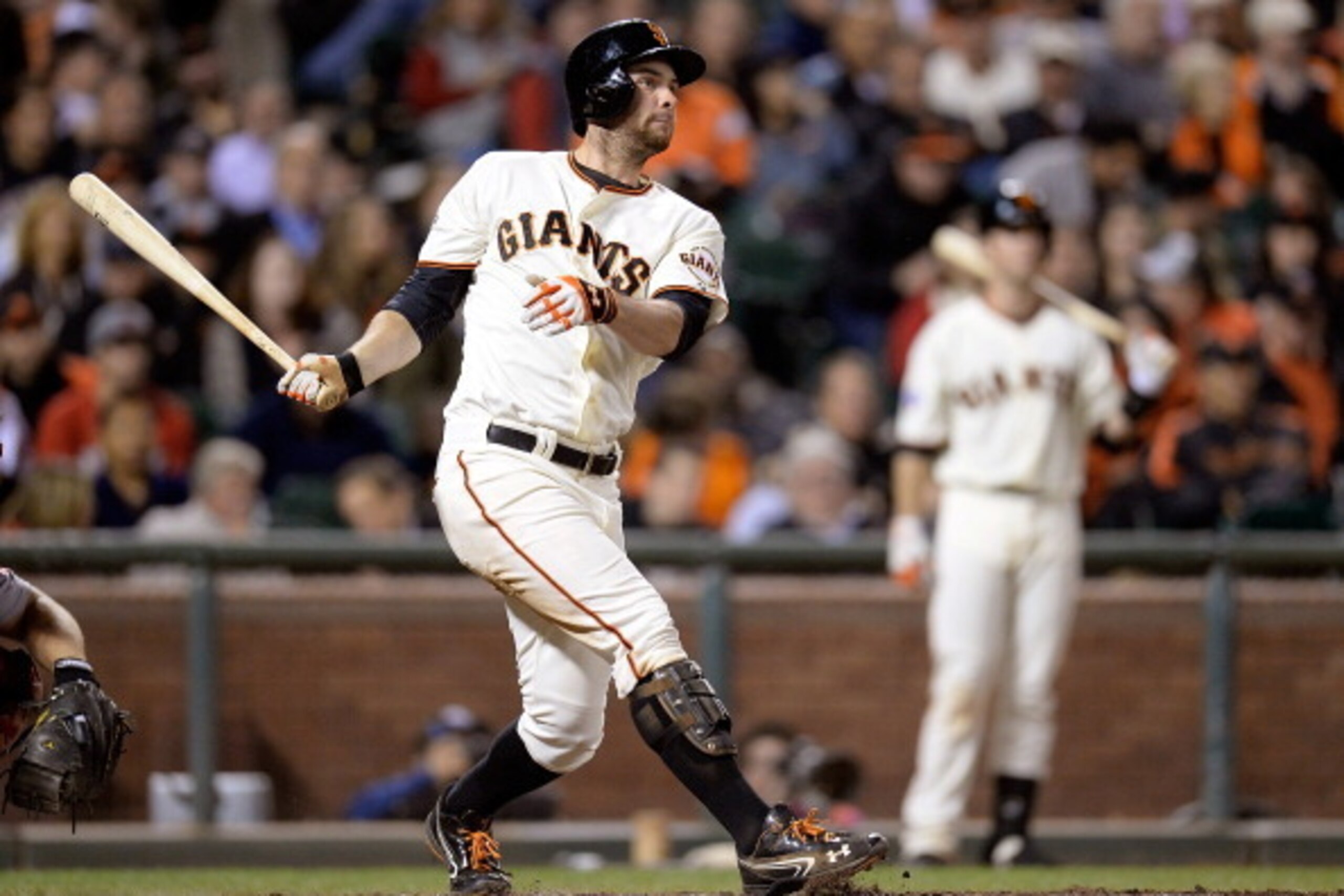 SAN FRANCISCO, CA - AUGUST 20:  Brandon Belt #9 of the San Francisco Giants hits a double in the sixth inning against the Boston Red Sox at AT&T Park on August 20, 2013 in San Francisco, California.  (Photo by Thearon W. Henderson/Getty Images)