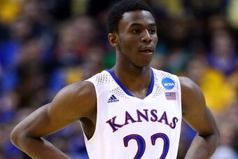 ST LOUIS, MO - MARCH 21:  Andrew Wiggins #22 of the Kansas Jayhawks looks on after a play against the Eastern Kentucky Colonels during the second round of the 2014 NCAA Men's Basketball Tournament at Scottrade Center on March 21, 2014 in St Louis, Missour