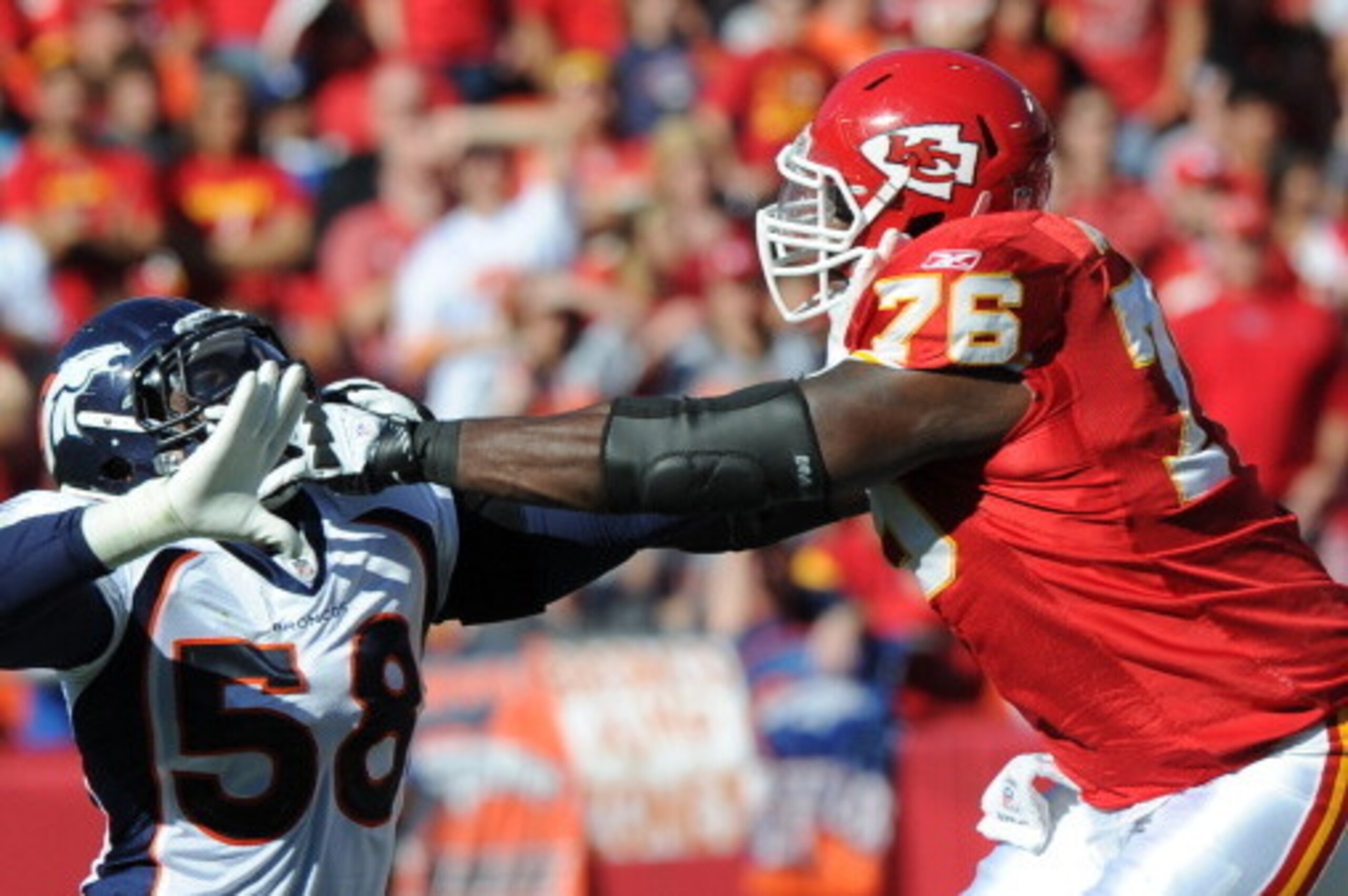 KANSAS CITY, MO - NOVEMBER 13:  Offensive tackle Branden Albert #76 of the Kansas City Chiefs blocks linebacker Von Miller #58 of the Denver Broncos during the first half on November 13, 2011  at Arrowhead Stadium in Kansas City, Missouri.  Denver defeate