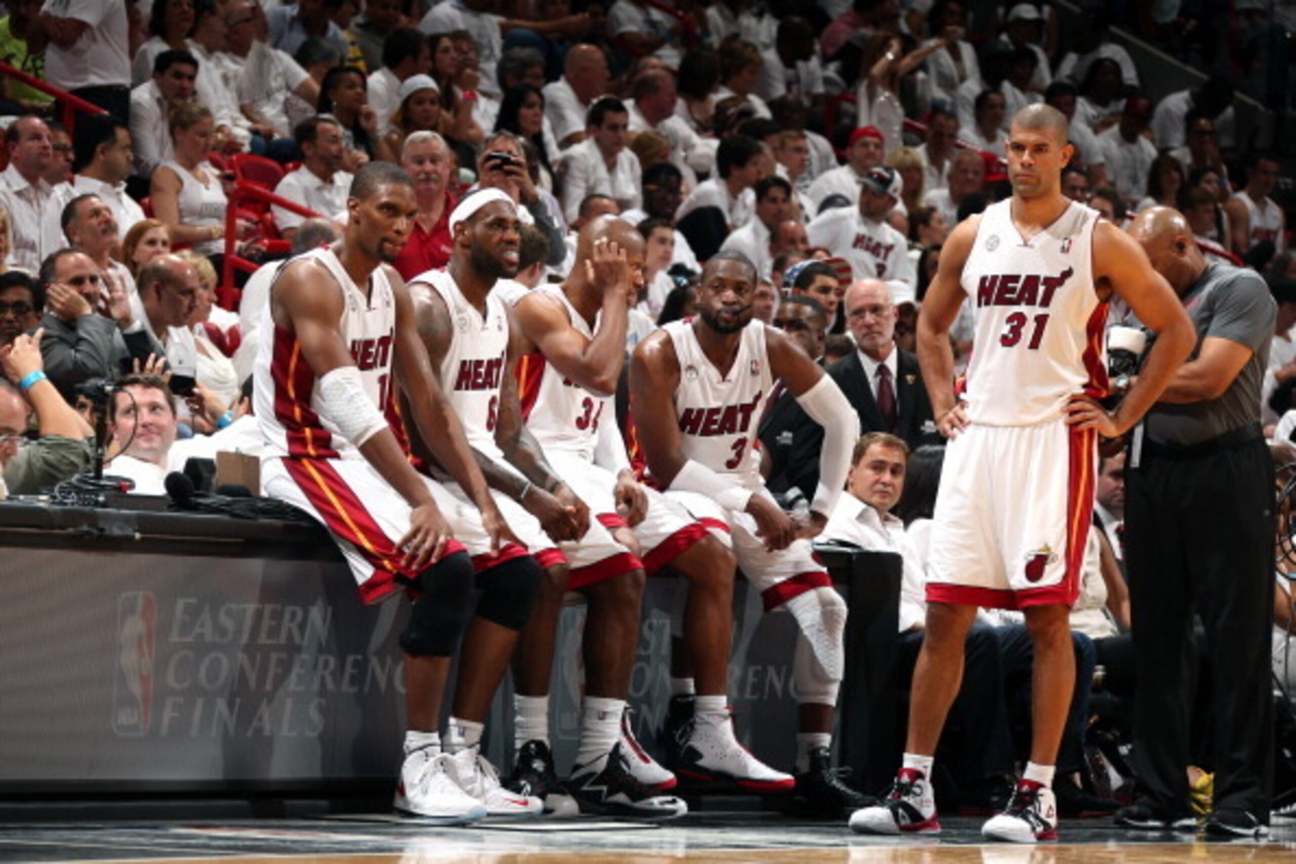 MIAMI, FL - MAY 22: (L-R) Chris Bosh #1, LeBron James #6, Ray Allen #34, Dwyane Wade #3 and Shane Battier #31 of the Miami Heat in Game One of the Eastern Conference Finals on May 22, 2013 at American Airlines Arena in Miami, Florida.  NOTE TO USER: User 