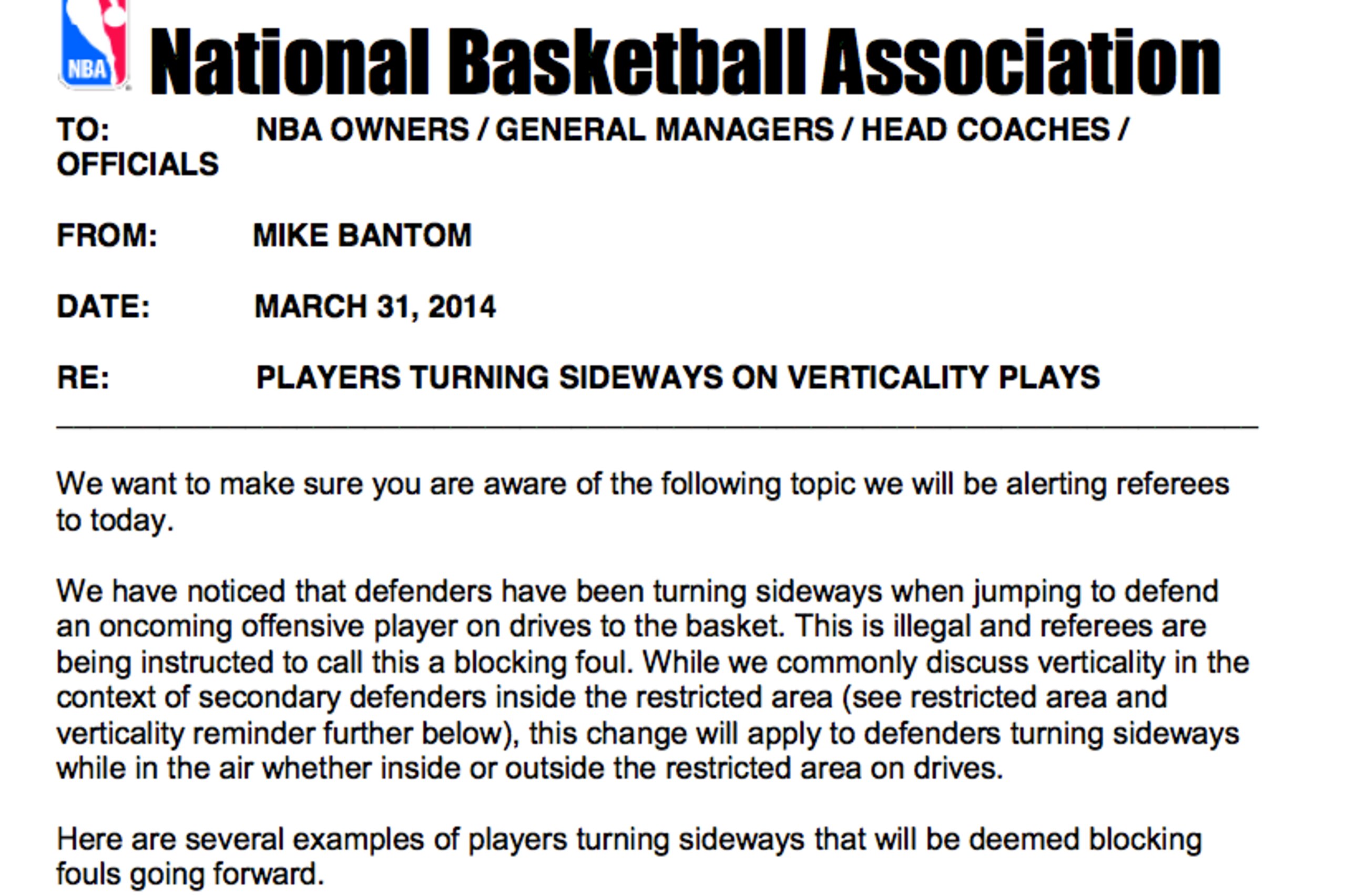 One of the memos the NBA is releasing from its internal files. One of the memos the NBA is releasing from its internal files.