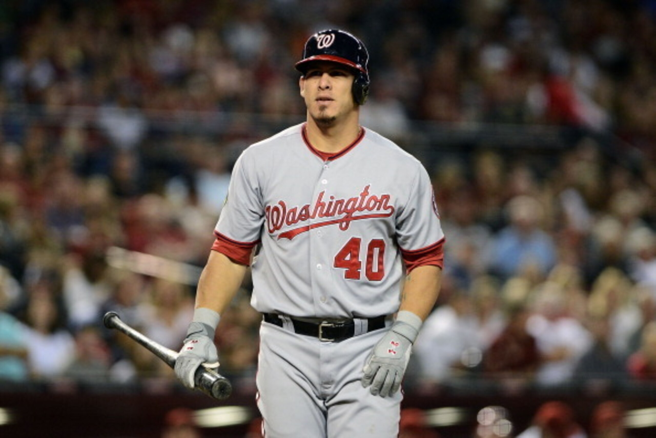 PHOENIX, AZ - SEPTEMBER 27:  Catcher Wilson Ramos #40 of the Washington Nationals reacts at bat in the game against the Arizona Diamondbacks at Chase Field on September 27, 2013 in Phoenix, Arizona.  The Nationals defeated the Arizona Diamondbacks 8-4.  (