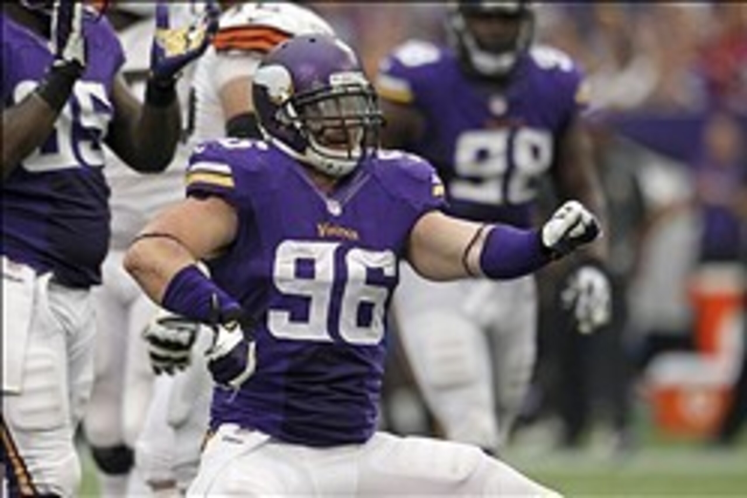 Sep 22, 2013; Minneapolis, MN, USA; Minnesota Vikings defensive end Brian Robison (96) celebrates a sack during the fourth quarter against the Cleveland Browns at Mall of America Field at H.H.H. Metrodome. The Browns defeated the Vikings 31-27. Mandatory Sep 22, 2013; Minneapolis, MN, USA; Minnesota Vikings defensive end Brian Robison (96) celebrates a sack during the fourth quarter against the Cleveland Browns at Mall of America Field at H.H.H. Metrodome. The Browns defeated the Vikings 31-27. Mandatory