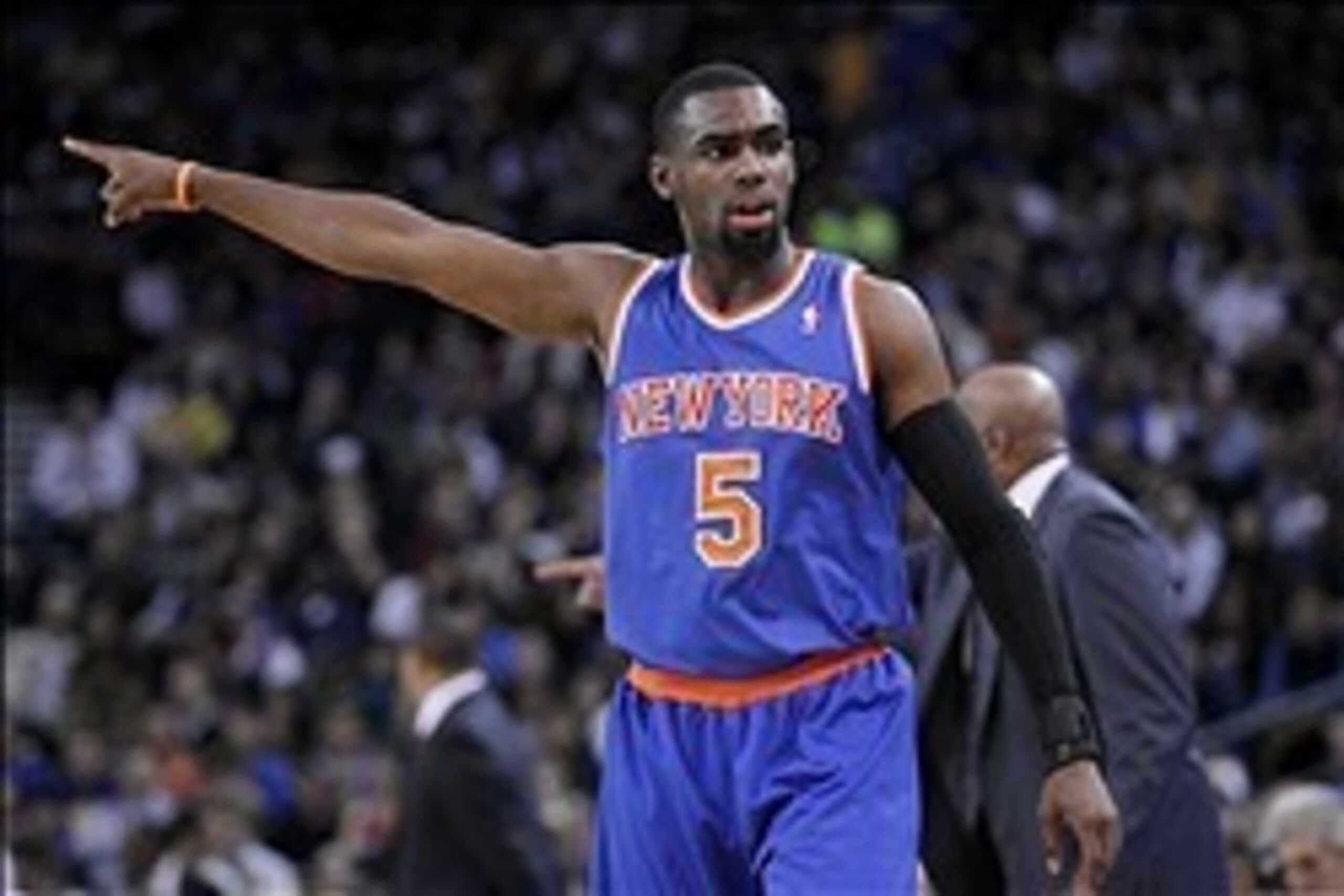 Mar 30, 2014; Oakland, CA, USA; New York Knicks guard Tim Hardaway Jr. (5) gestures from the court against the Golden State Warriors in the second quarter at Oracle Arena. Mandatory Credit: Cary Edmondson-USA TODAY Sports