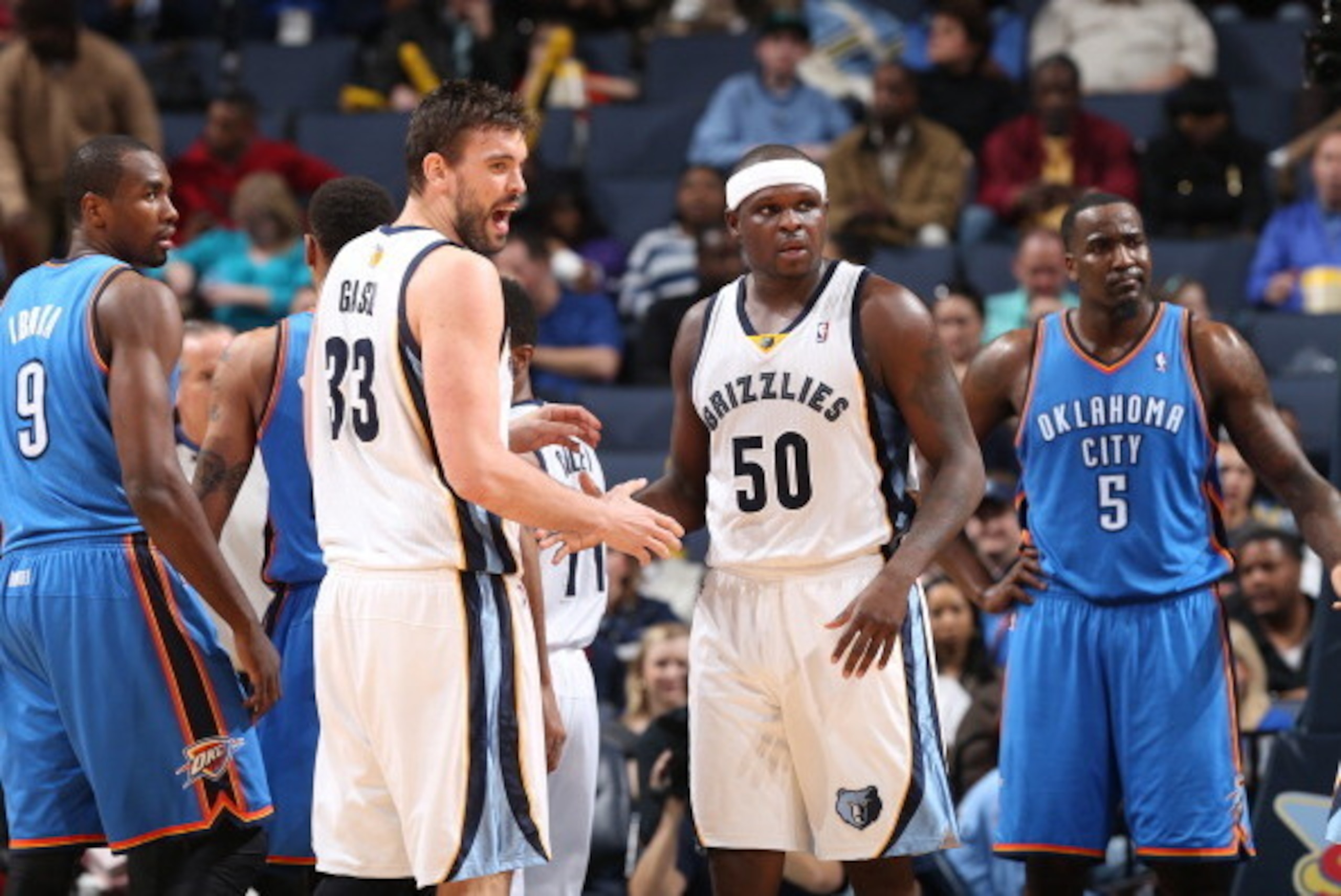 MEMPHIS, TN - JANUARY 14: Marc Gasol #33 and Zach Randolph #50 of the Memphis Grizzlies talk during a game against the Oklahoma City Thunder on January 14, 2014 at FedExForum in Memphis, Tennessee. NOTE TO USER: User expressly acknowledges and agrees that
