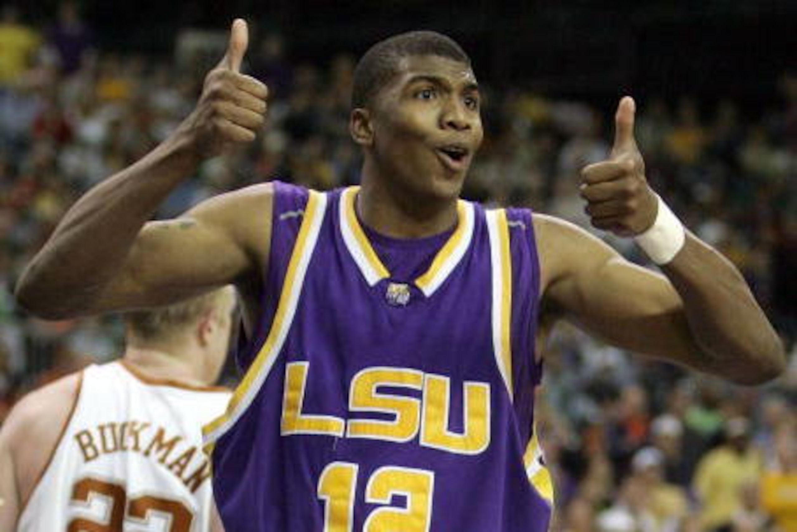ATLANTA - MARCH 25:  Tyrus Thomas #12 of the LSU Tigers signals for a jump ball during the fourth round game of the 2006 NCAA Division I Men's Basketball Tournament Regional against the Texas Longhorns at the Georgia Dome on March 25, 2006 in Atlanta, Geo
