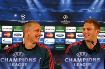 MANCHESTER, ENGLAND - MARCH 31:  Bastian Schweinsteiger and Manuel Neuer of FC Bayern Muenchen face the media during a press conference at the Marriott Hotel on March 31, 2014 in Manchester, England.  (Photo by Alex Livesey/Getty Images)