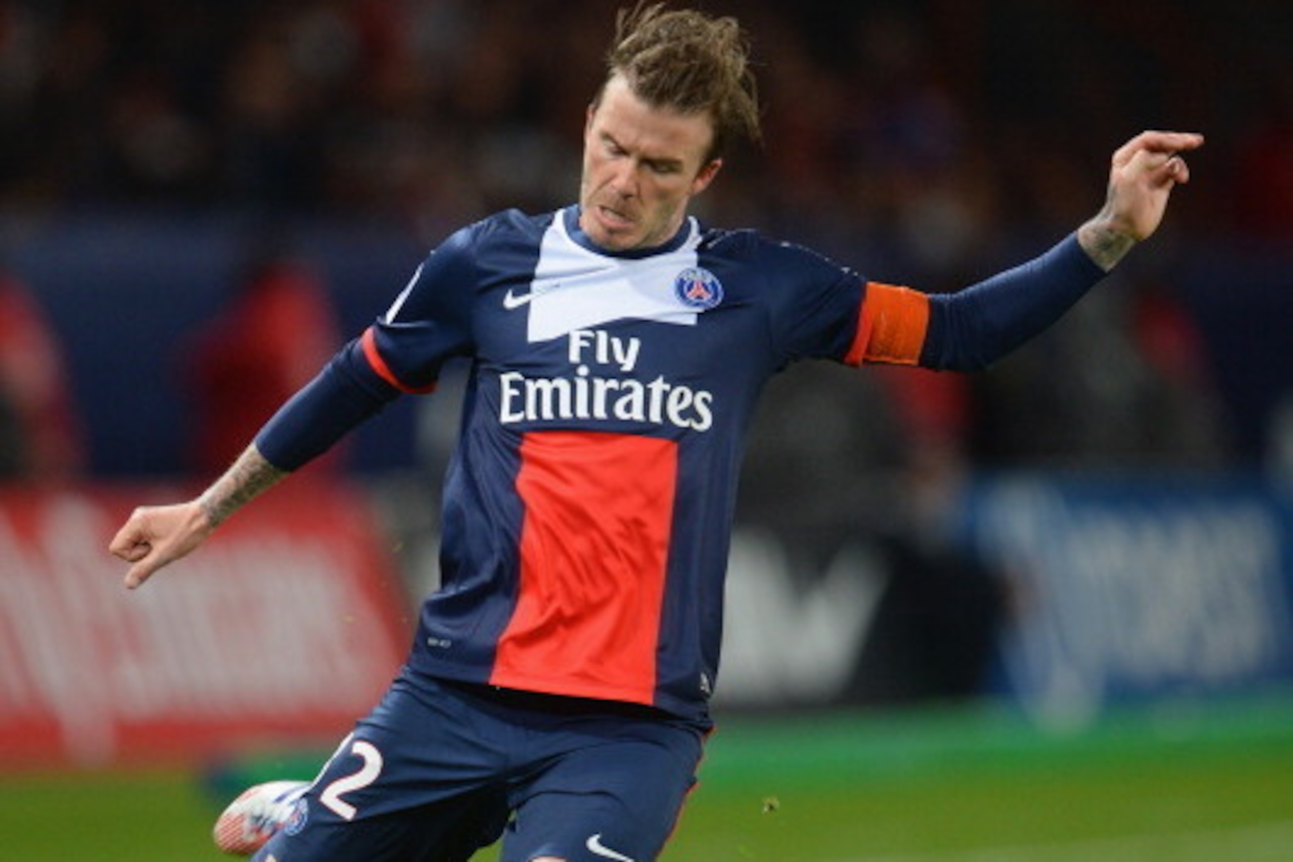 PARIS, FRANCE - MAY 18: David Beckham of PSG in action during the Ligue 1 match between Paris Saint-Germain FC and Stade Brestois 29 at Parc des Princes on May 18, 2013 in Paris, France. (Photo by Michael Regan/Getty Images)