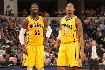 INDIANAPOLIS - MARCH 11: Roy Hibbert #55 and David West #21 of the Indiana Pacers look on during the game against the Boston Celtics at Bankers Life Fieldhouse on March 11, 2014 in Indianapolis, Indiana.  NOTE TO USER: User expressly acknowledges and agre