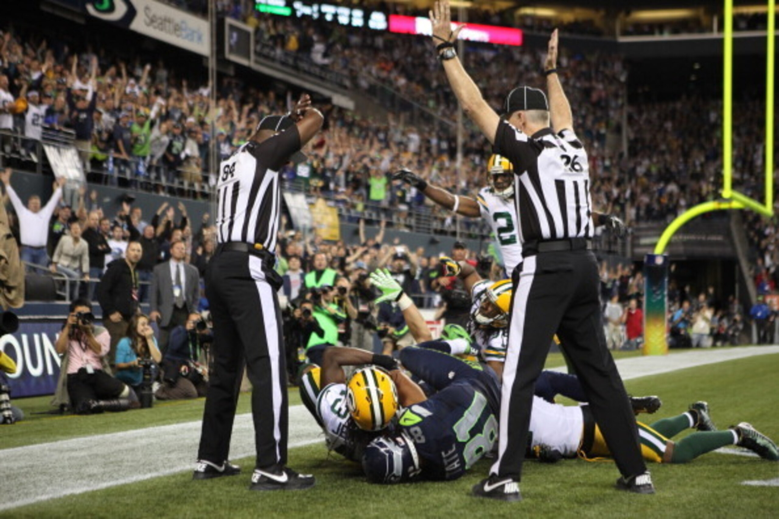 SEATTLE, WA - SEPTEMBER 24:  Wide receiver Golden Tate #81 of the Seattle Seahawks makes a catch in the end zone to defeat the Green Bay Packers on a controversial call by the officials at CenturyLink Field on September 24, 2012 in Seattle, Washington.  (