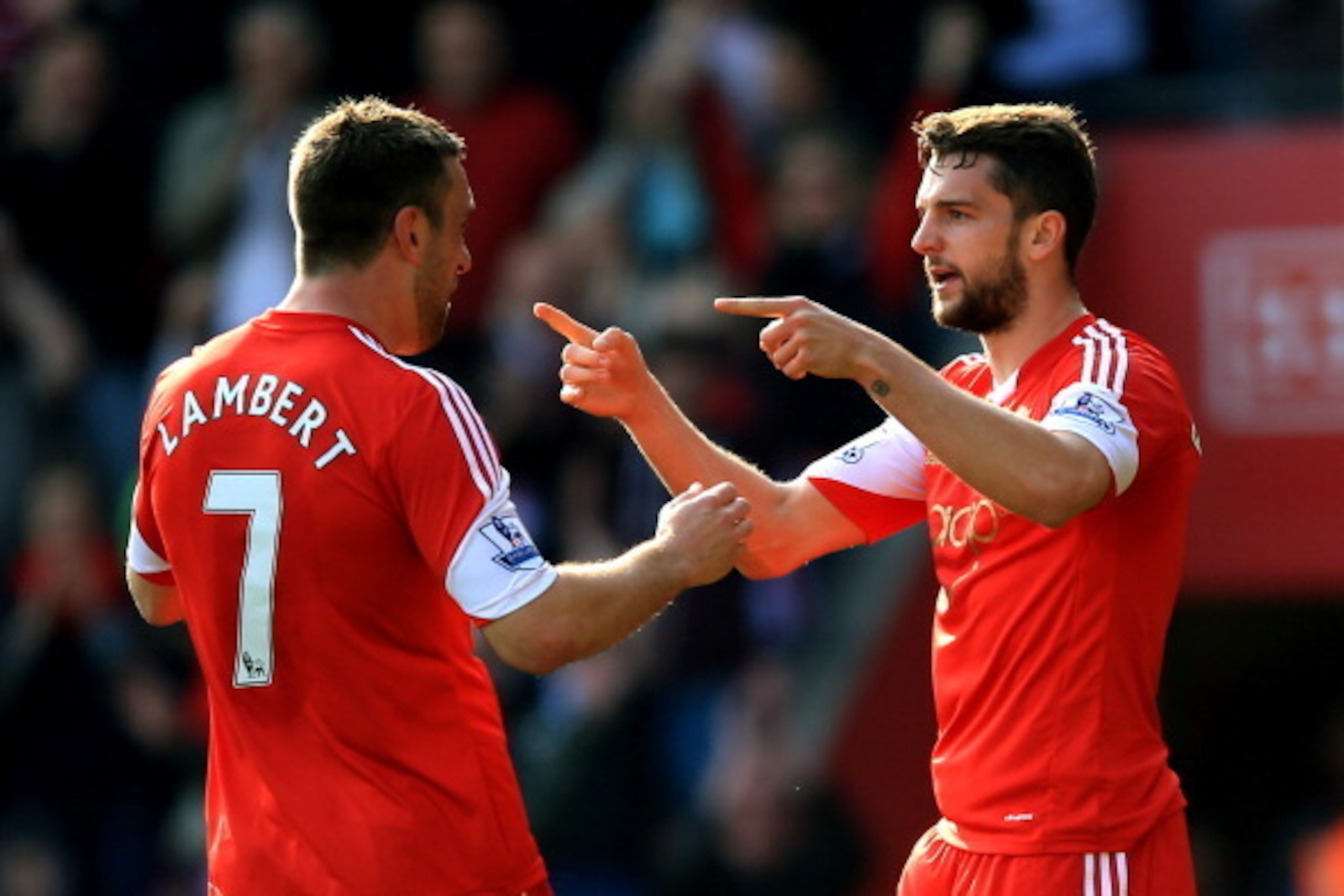 SOUTHAMPTON, ENGLAND - MARCH 29:  Jay Rodriguez (R) of Southampton celebrates with teammate Rickie Lambert after scoring the opening goal during the Barclays Premier League match between Southampton and Newcastle United at St Mary's Stadium on March 29, 2