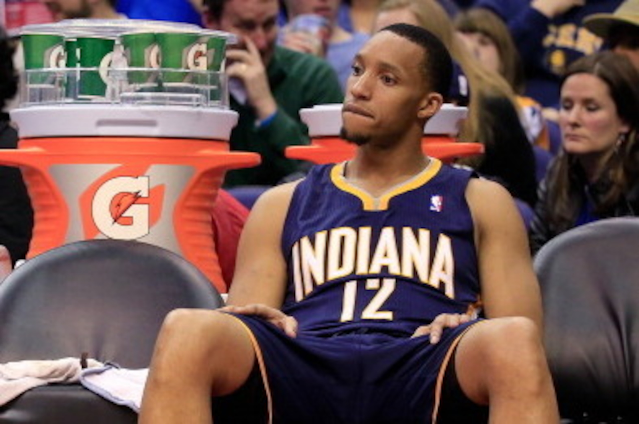 WASHINGTON, DC - MARCH 28: Evan Turner #12 of the Indiana Pacers sits on the bench during the closing moments of the Pacers 91-78 loss to the Washington Wizards at Verizon Center on March 28, 2014 in Washington, DC. NOTE TO USER: User expressly acknowledg